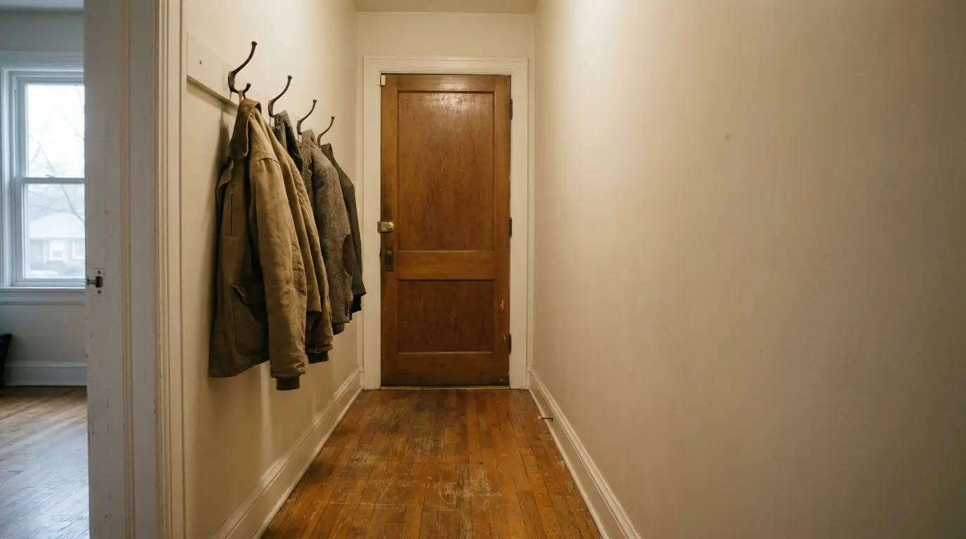 Jackets hanging on wall hooks in narrow hallway with wooden flooring and closed door