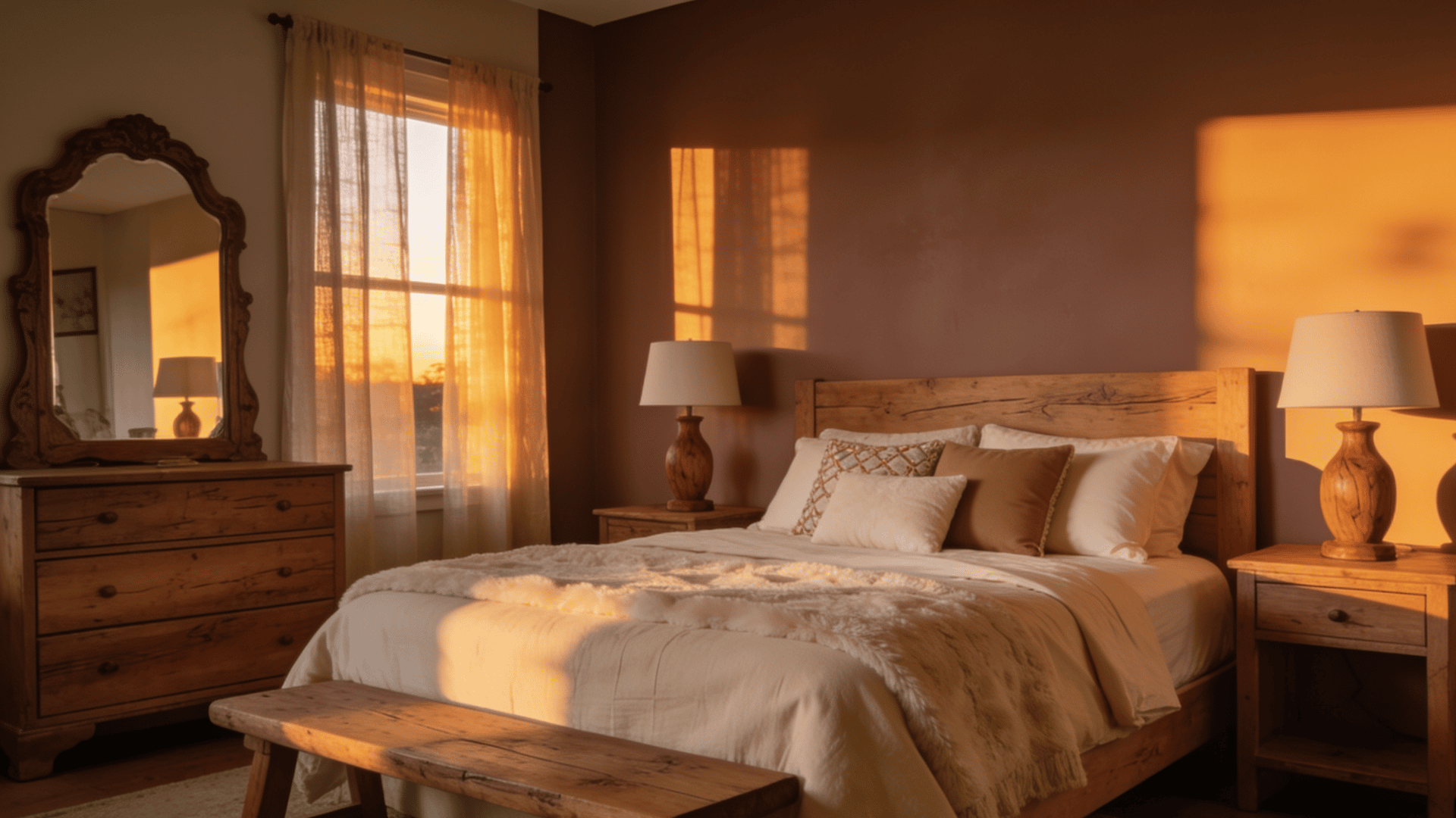 Warm neutral walls soften the entire bedroom
