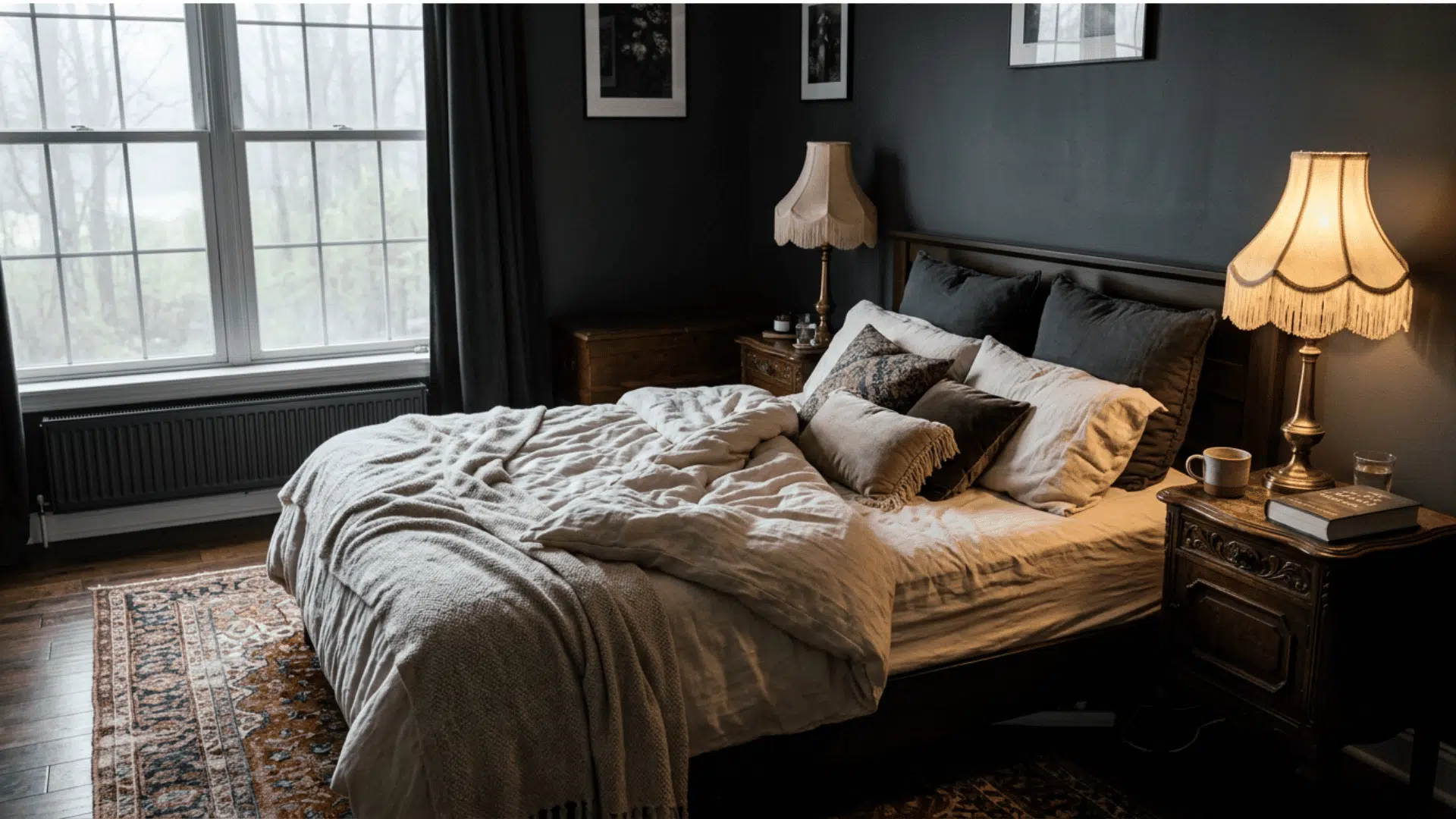 Charcoal bedroom with cream bedding and soft daylight