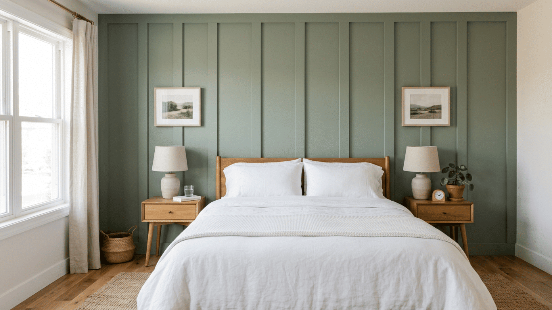 Sage green paneled wall behind a white bed with matching wood nightstands and table lamps.