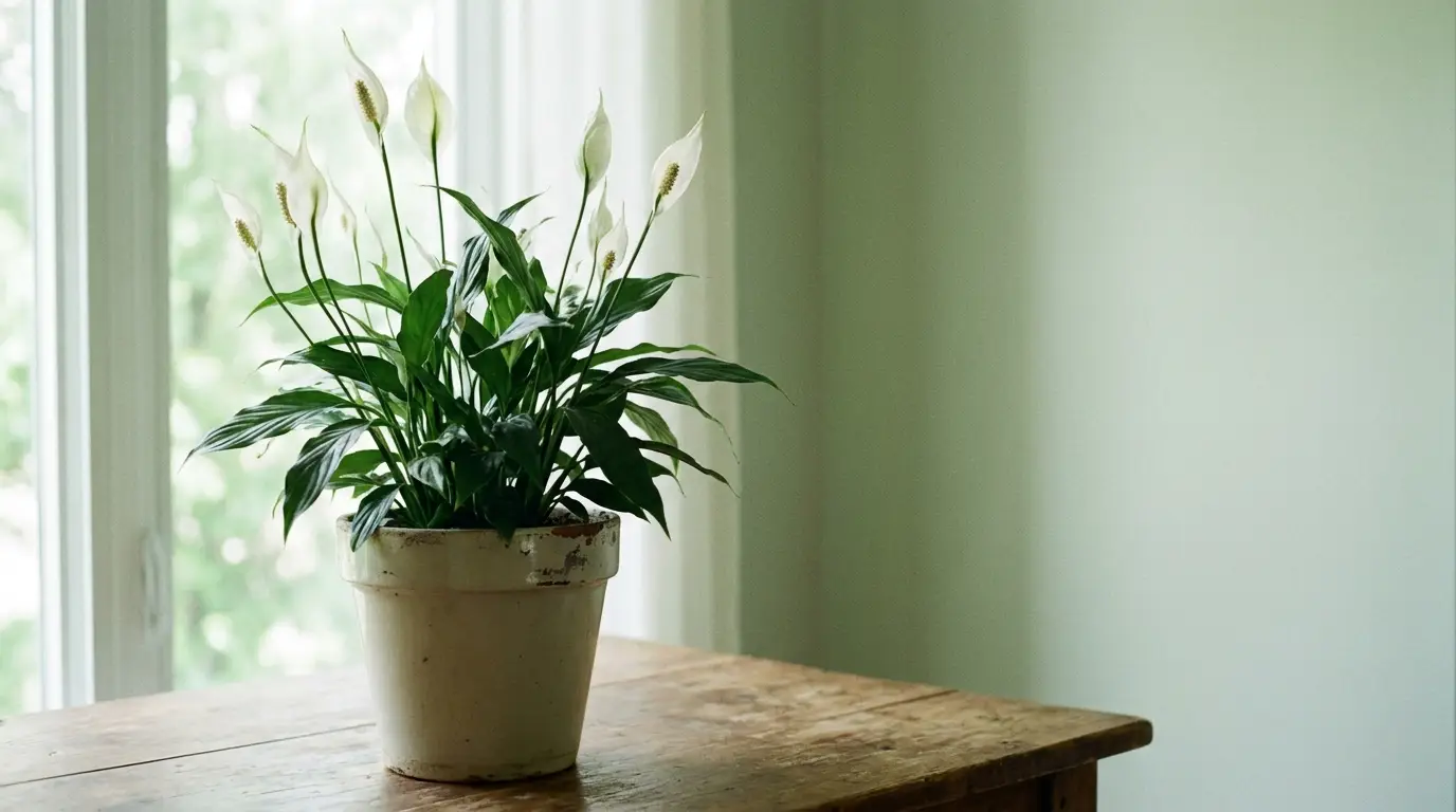 Peace lily plant in white pot on rustic wooden table by window