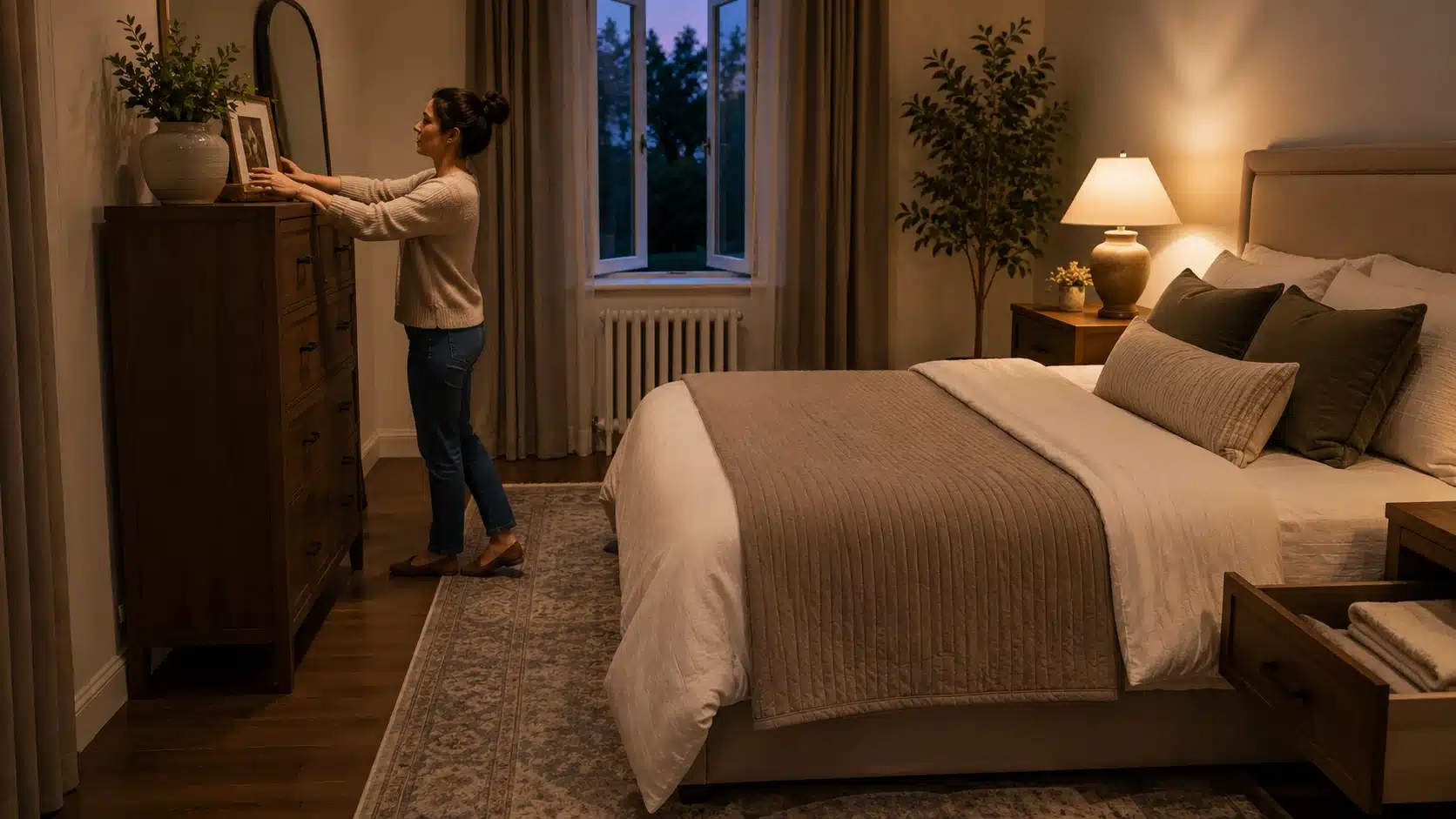 person checking bedroom dresser safety with clear walkway open drawer calm bed area and soft lighting