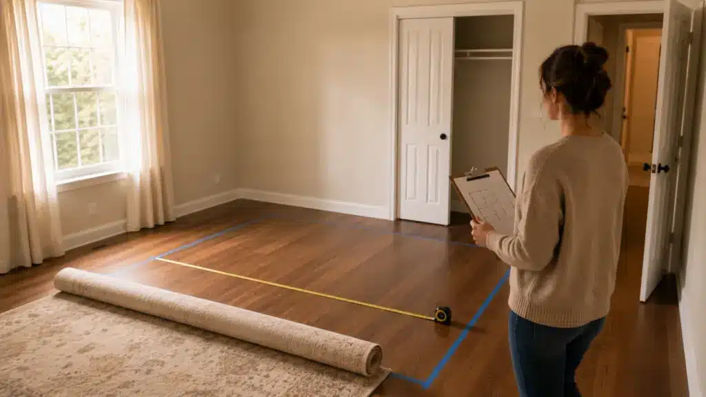 person planning bedroom furniture layout with tape marks rug measuring tape and open floor space