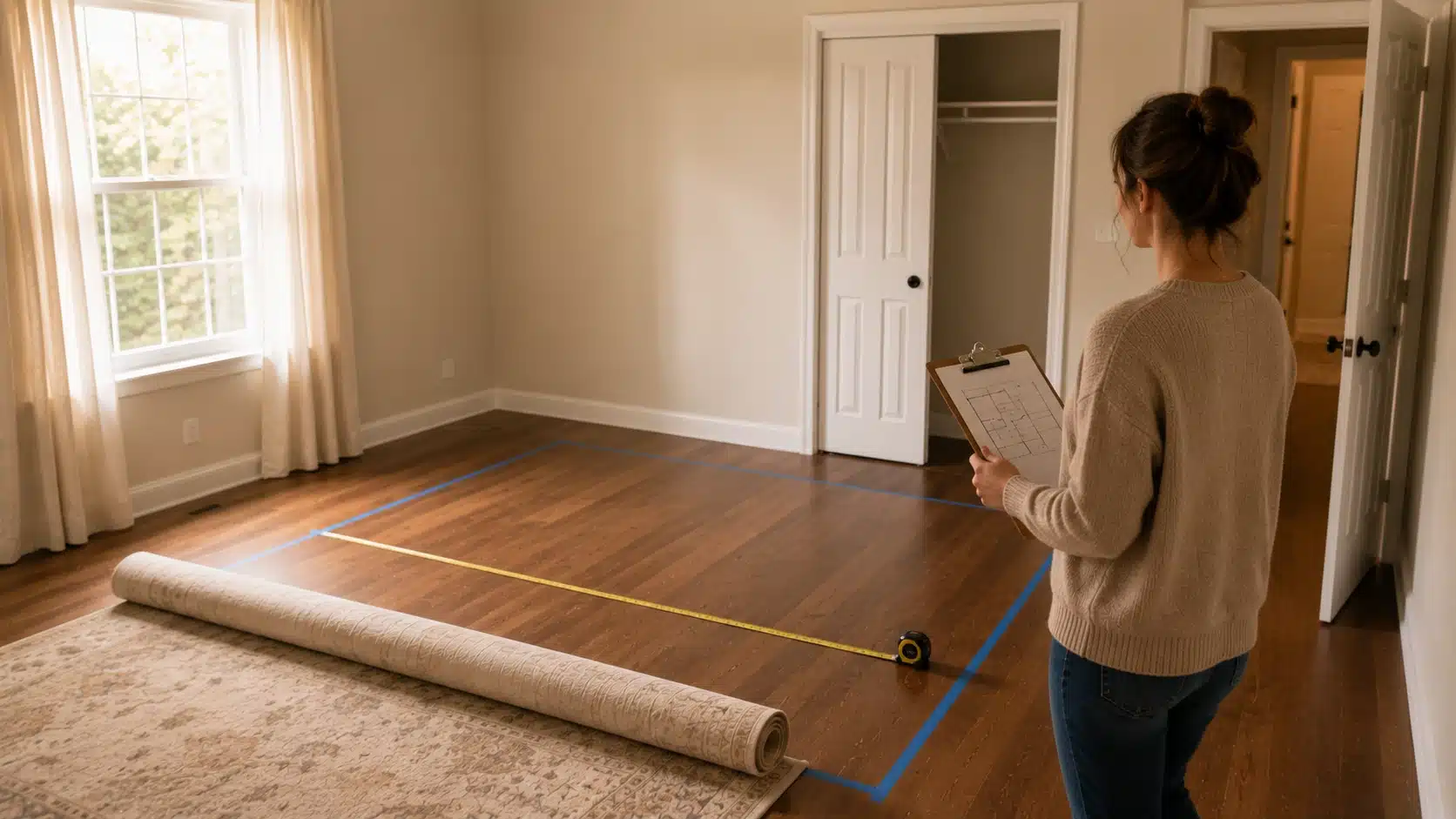 person planning bedroom furniture layout with tape marks rug measuring tape and open floor space