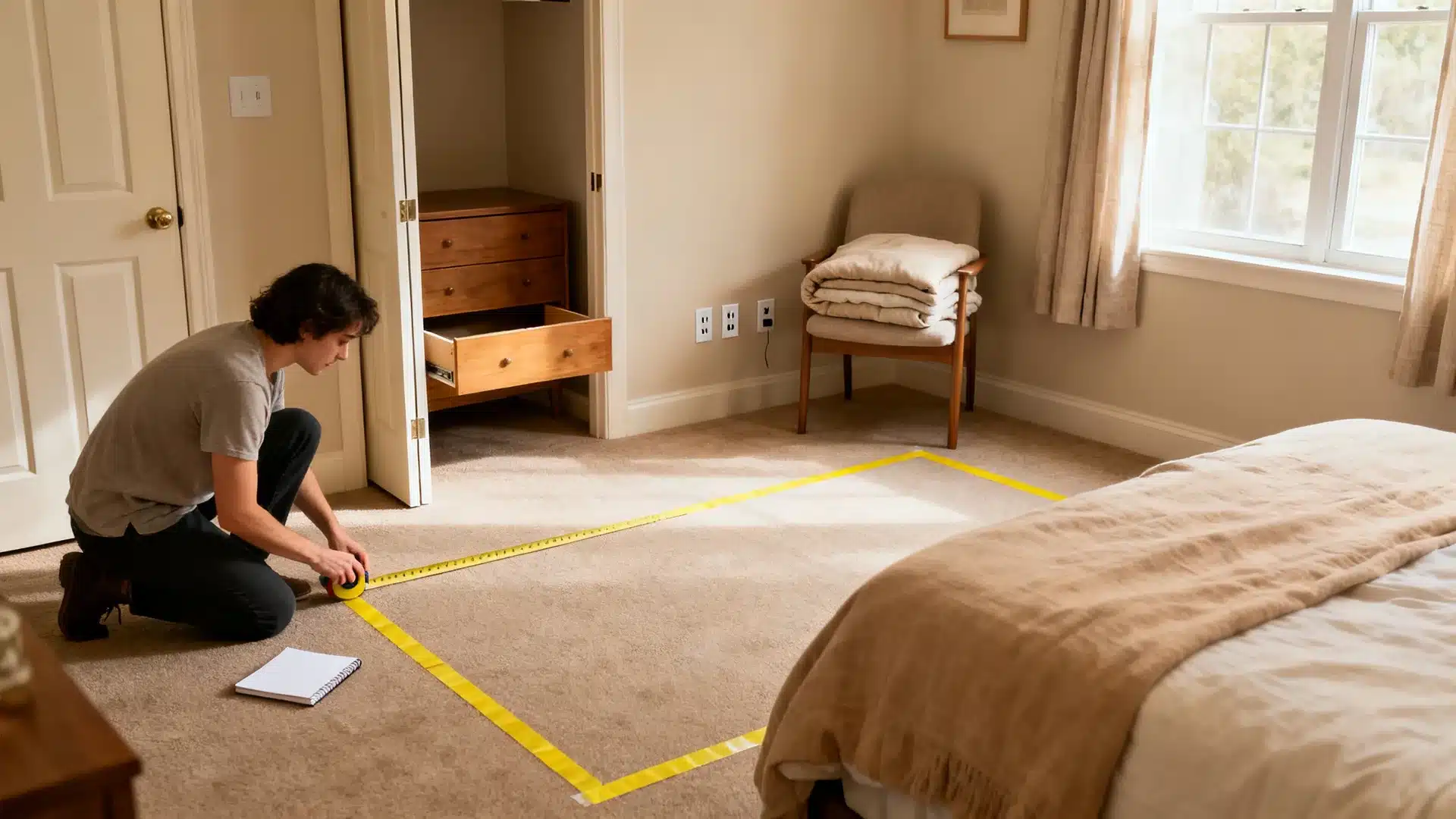 person planning bedroom layout with tape measure painter tape open drawers and clear walking paths