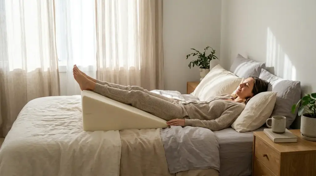 person resting in bed with legs raised on a firm wedge pillow in a calm bright bedroom
