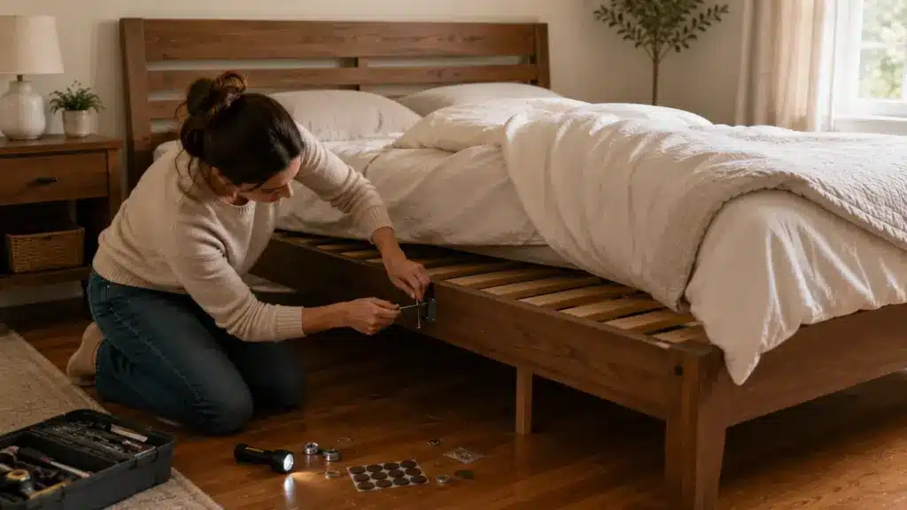 person tightening bed frame bolts beside mattress to fix squeaky bed with tools on bedroom floor