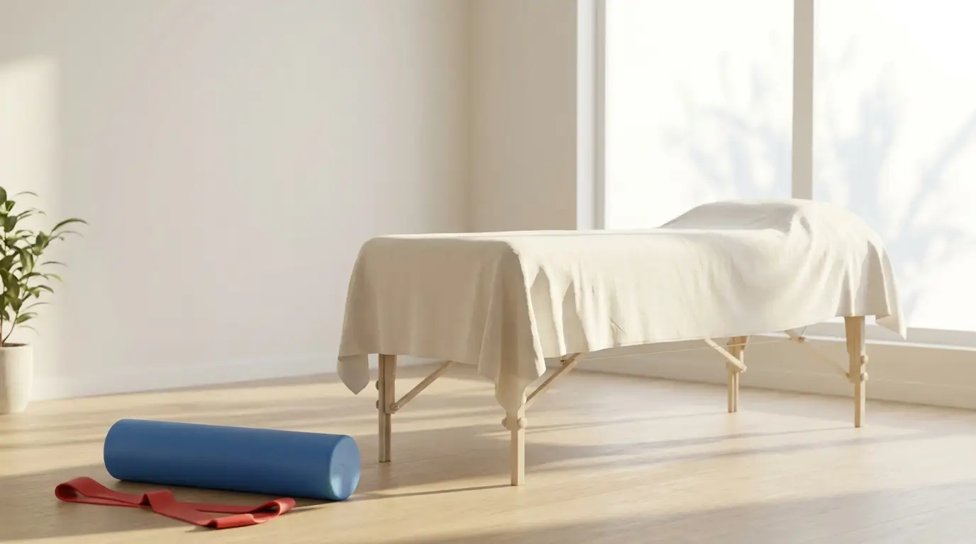 Massage table covered with beige sheet in sunlit room with yoga mat and plant