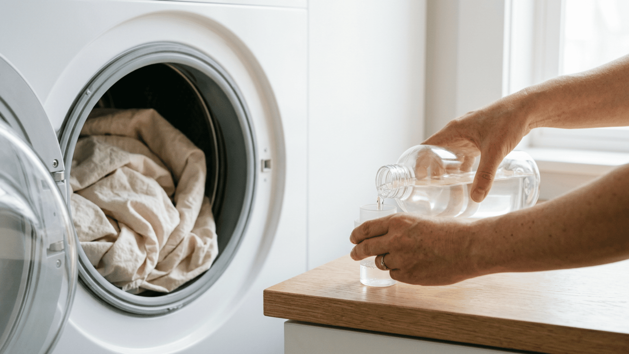 Hands loading a beige mattress protector into a front-loading washer.