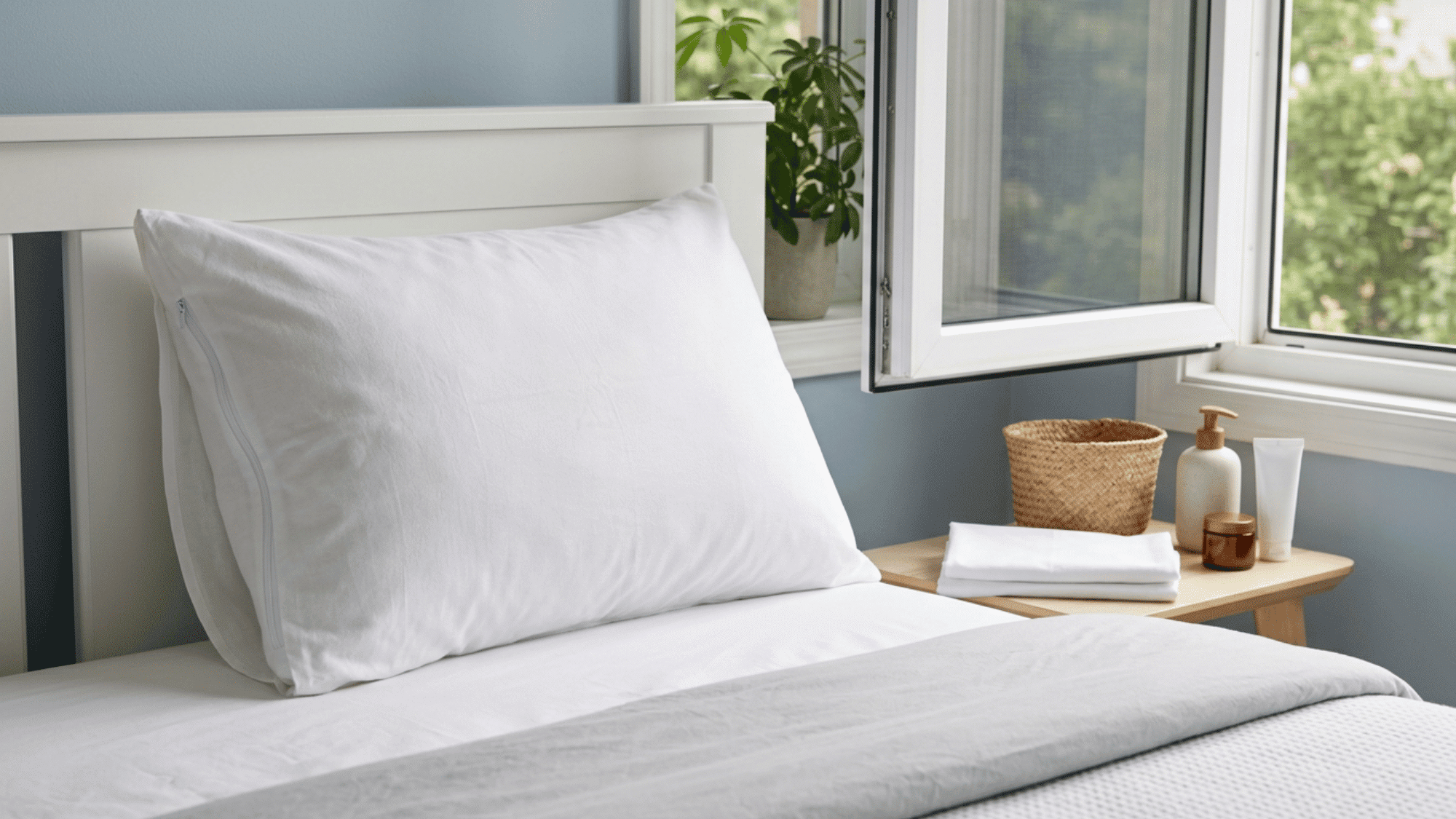 white pillow with protector beside an open window and folded clean bedding.