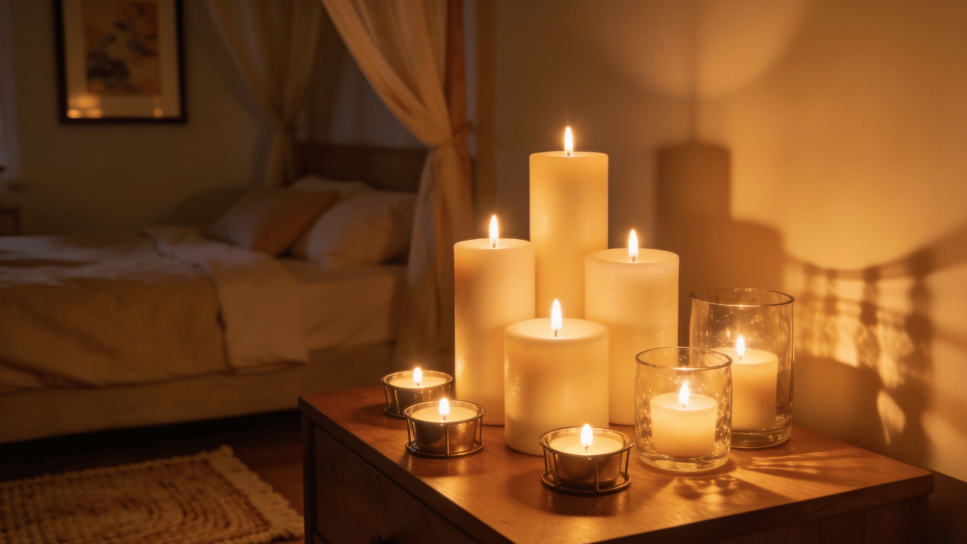 Candles at varied heights warm bedroom decor