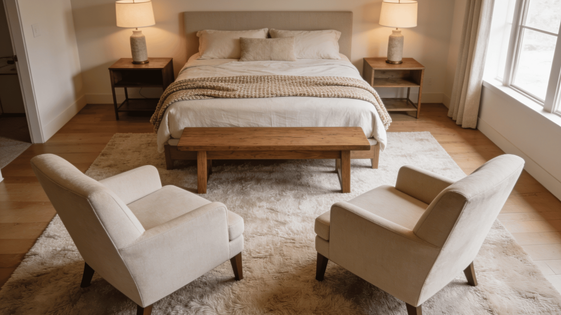Facing chairs create an intimate bedroom layout