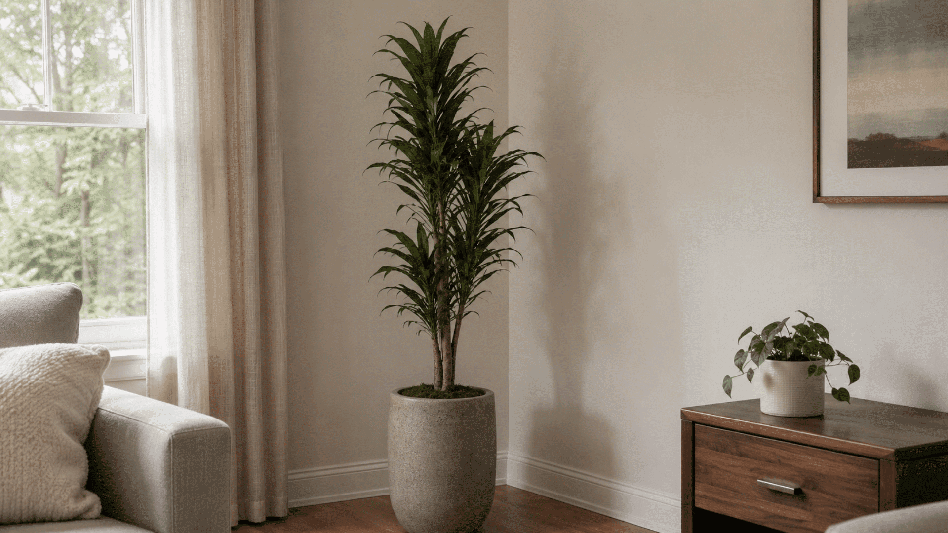 Tall plant placed in a living room corner