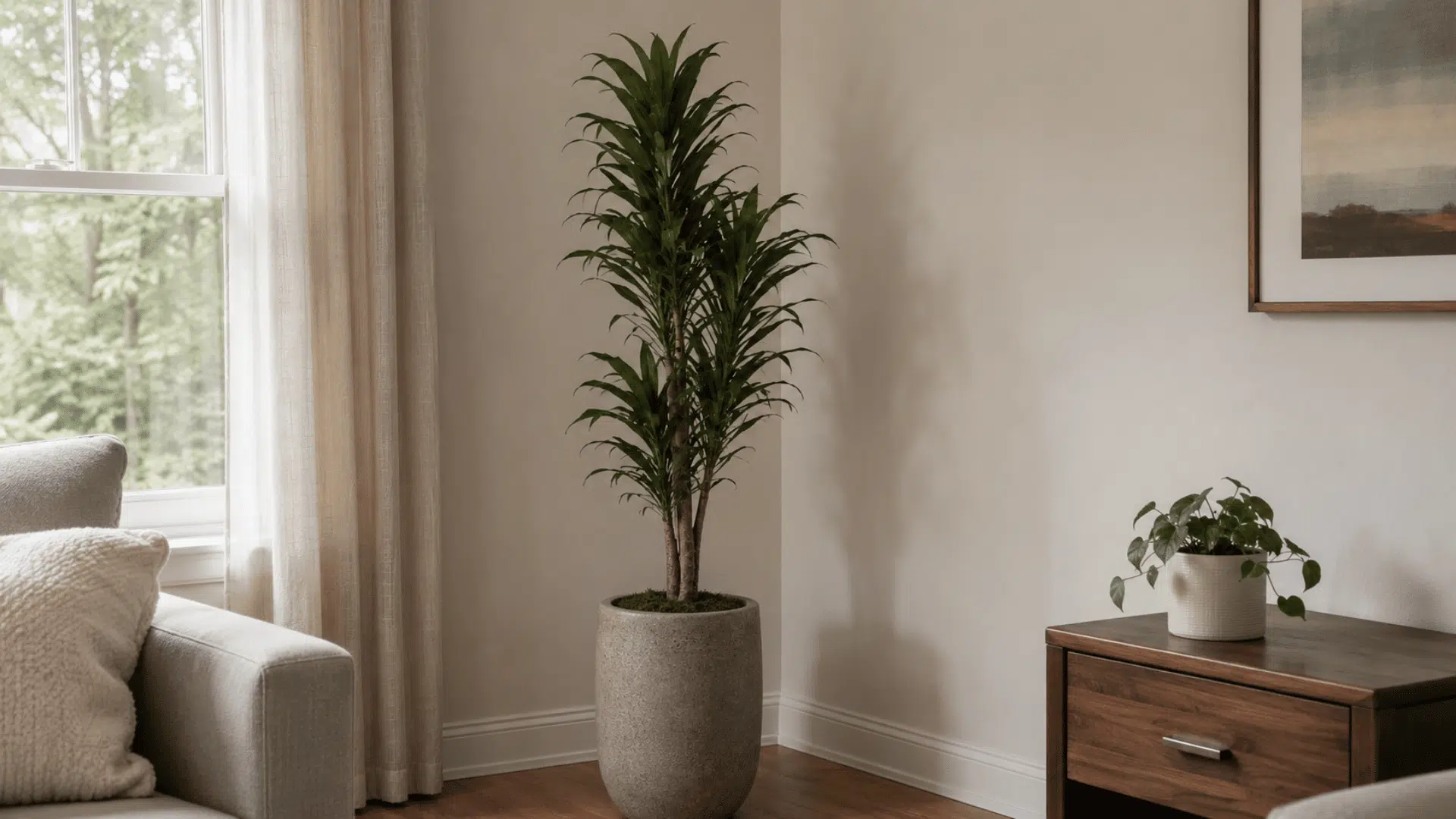 Tall plant placed in a living room corner