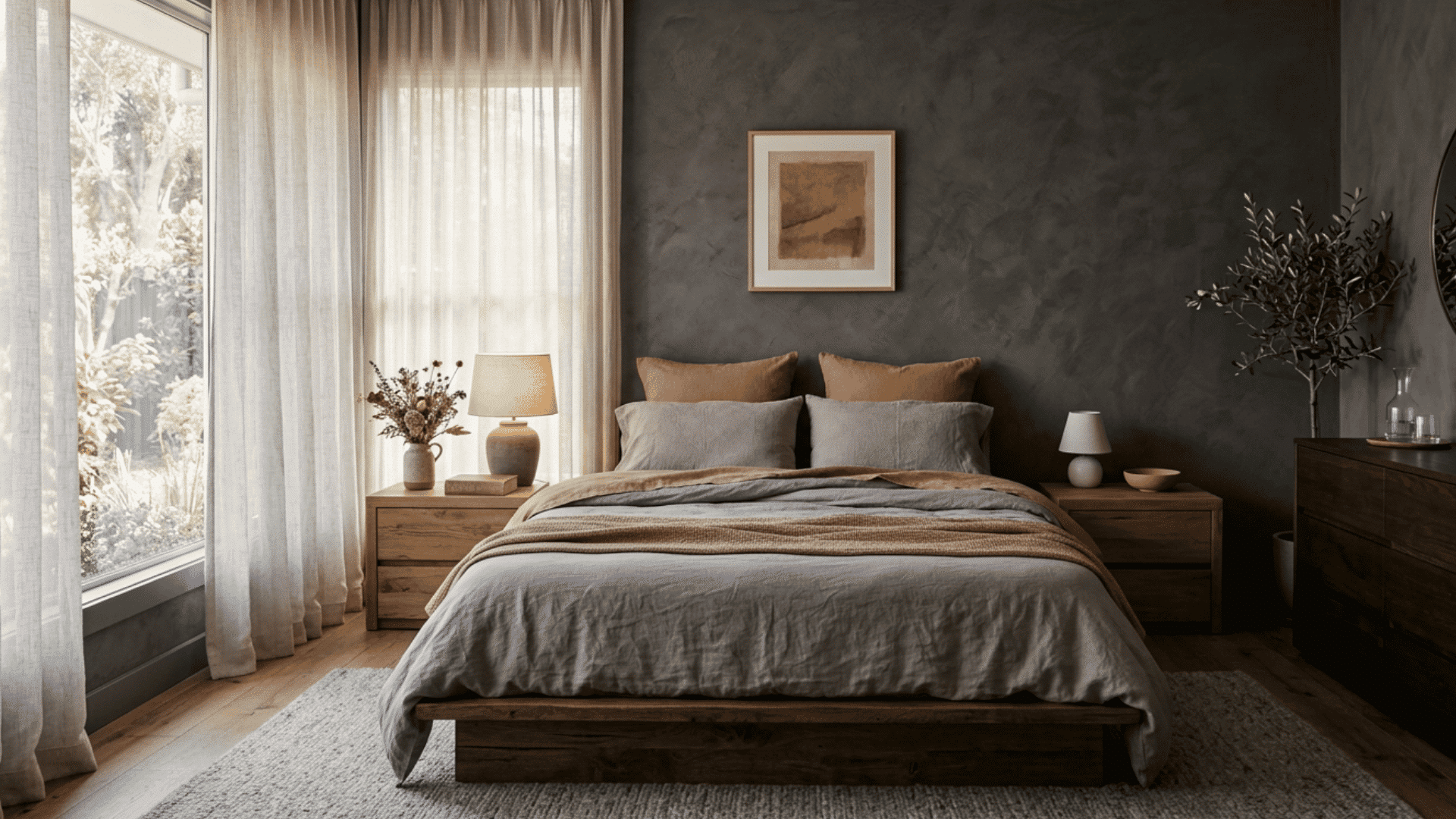 Textured plaster wall in a soft moody bedroom
