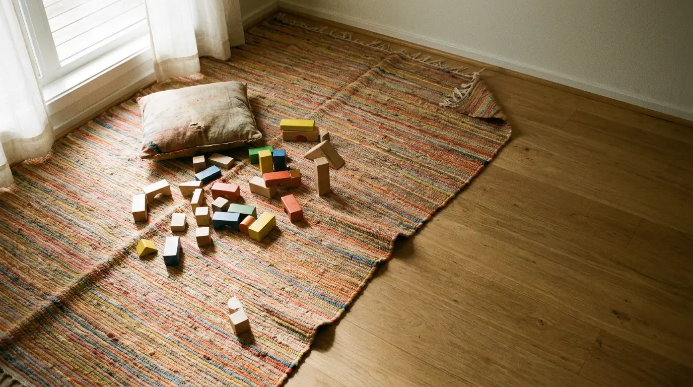 Colorful wooden blocks scattered on multicolored rug with cushion in bright room