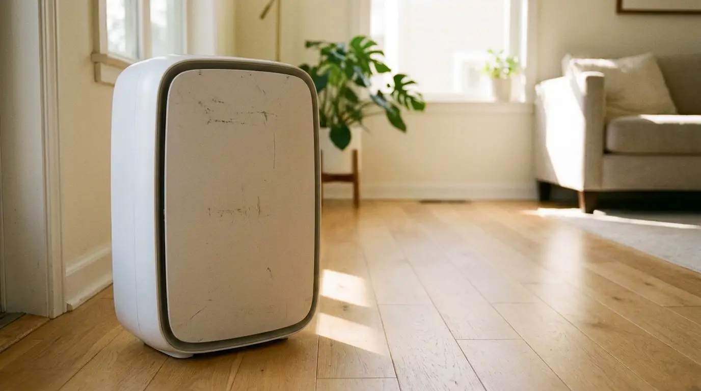 Air purifier on wooden floor in sunlit living room with potted plant and sofa