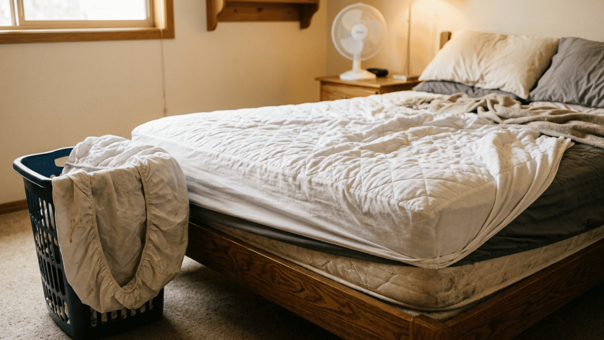 Messy bed with wrinkled mattress protector and laundry basket beside a wooden bed frame
