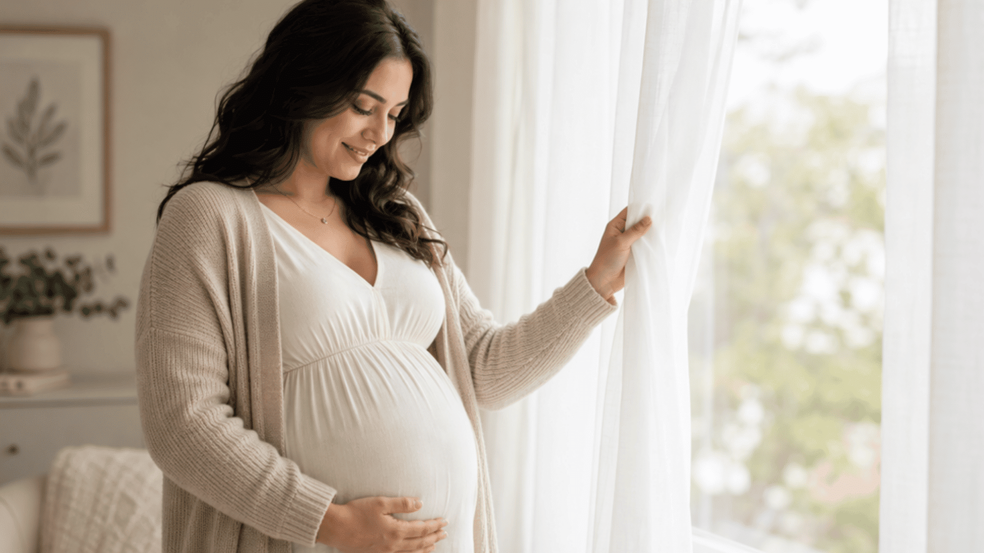 Pregnant person standing near a window in a bright room with a gentle, peaceful expression.