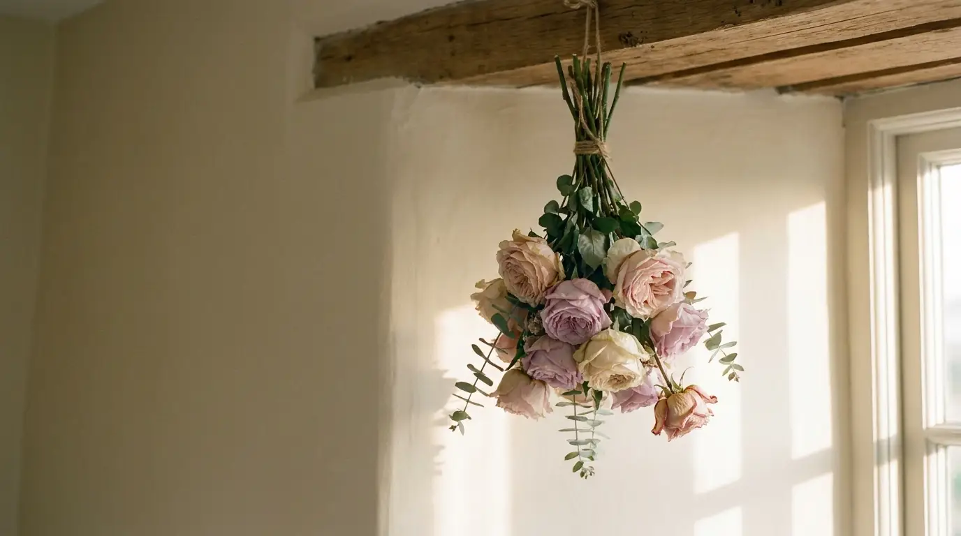 Hanging bouquet of roses and eucalyptus indoors with natural light through window