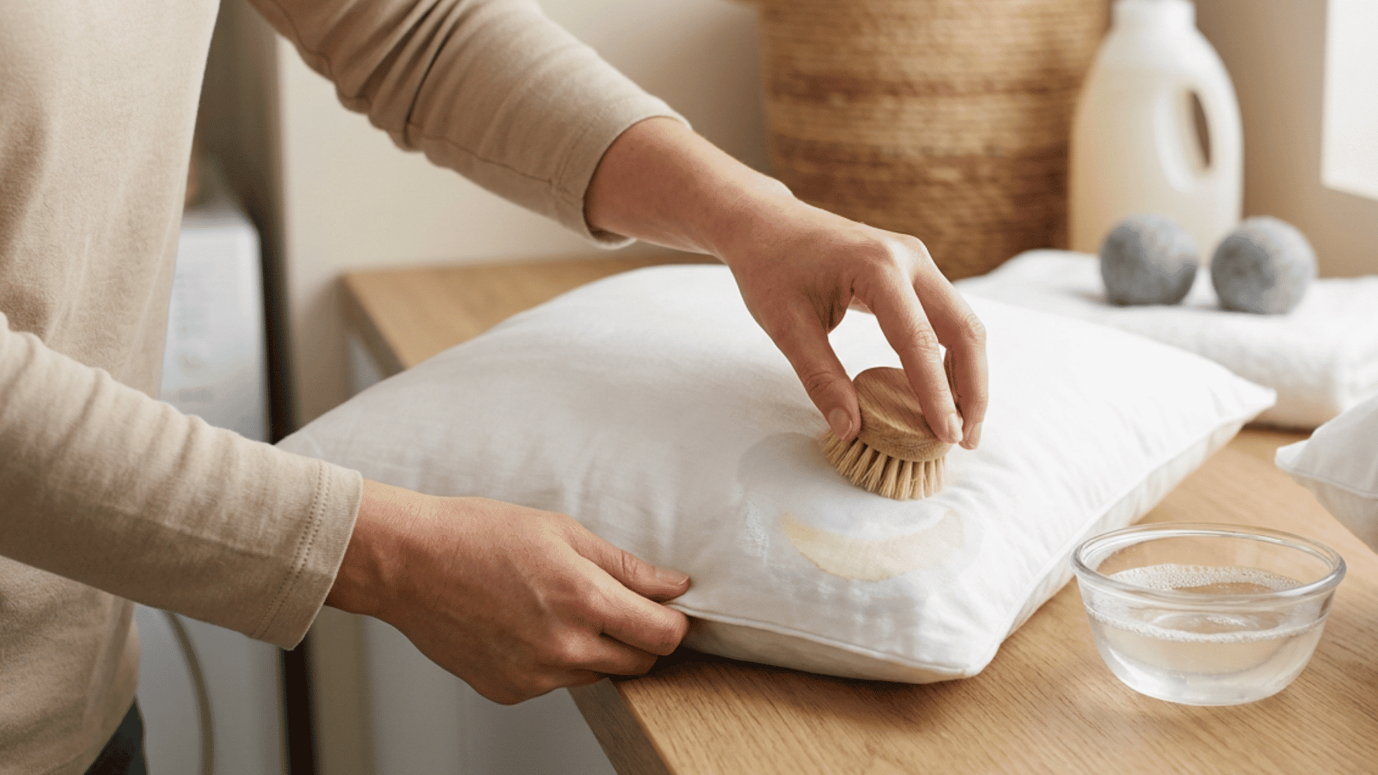 person pretreats a yellow pillow stain with a soft brush dipped in mild cleaning solution.