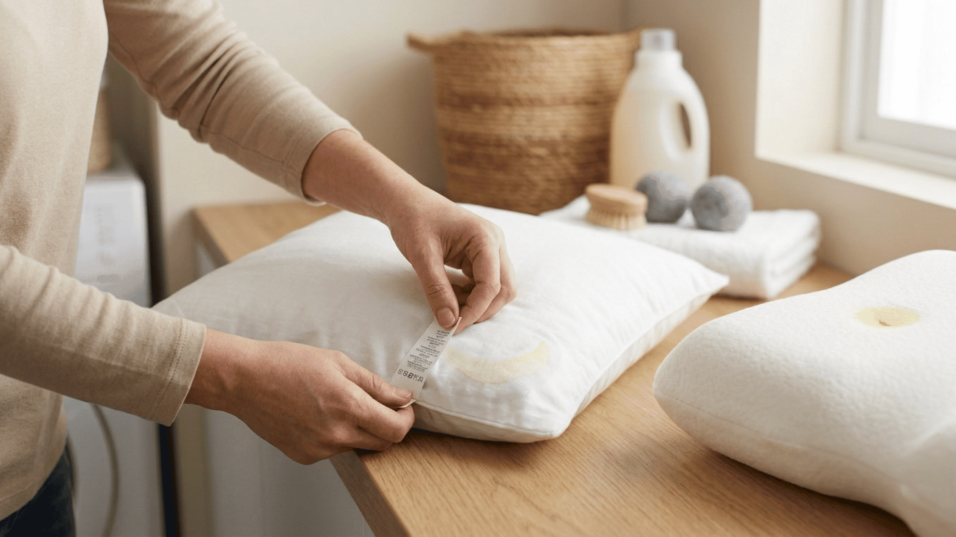 person checks the care tag on a stained pillow before selecting the proper washing method