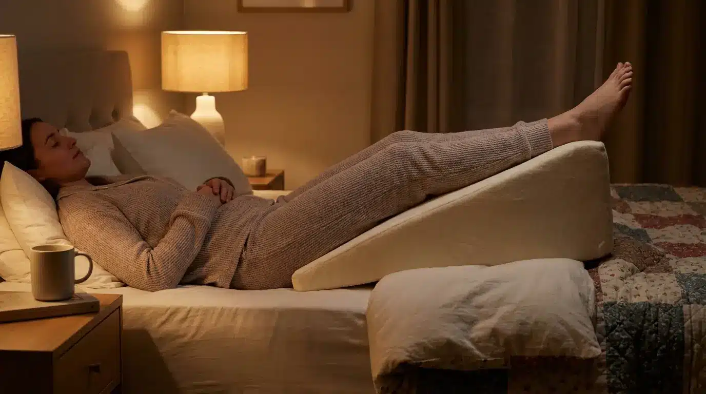 realistic bedroom health scene showing raised legs supported on a wedge with calm night lighting
