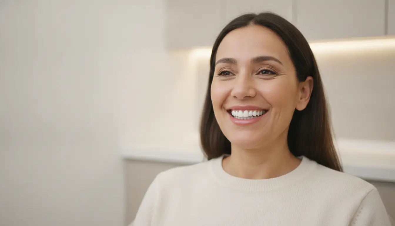 Smiling woman with long dark hair wearing a cream sweater in a softly lit room