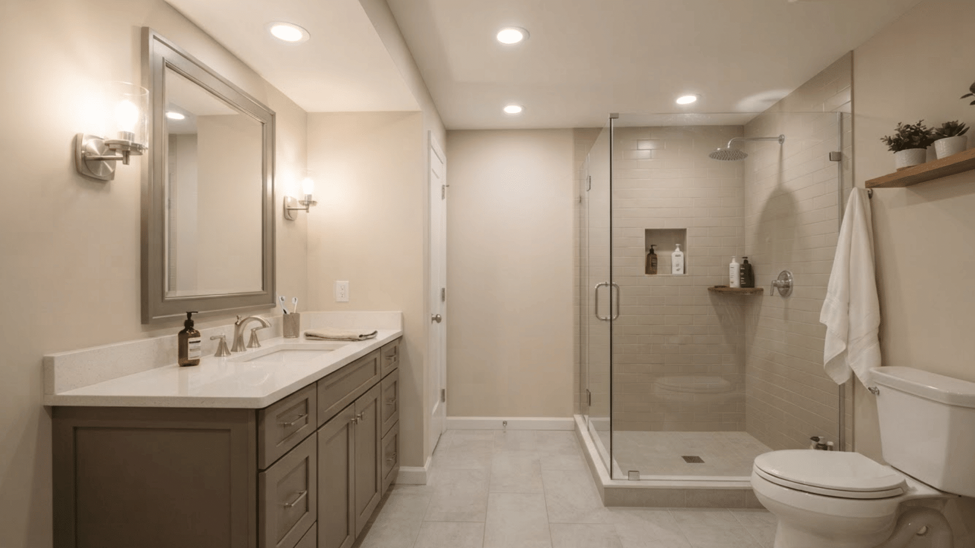 Bathroom <echighlighted>recessed lighting layout</echighlighted> with shower light and clear vanity lighting” width=”1920″ height=”1080″></p><p>Use ceiling lights for general brightness and separate lighting near the mirror to reduce facial shadows. Fixtures over showers or tubs must have the correct wet-location rating.</p><p>Keep moisture exposure in mind, and place lights so the vanity, shower, and walking areas are easy to see.</p><h3 id=