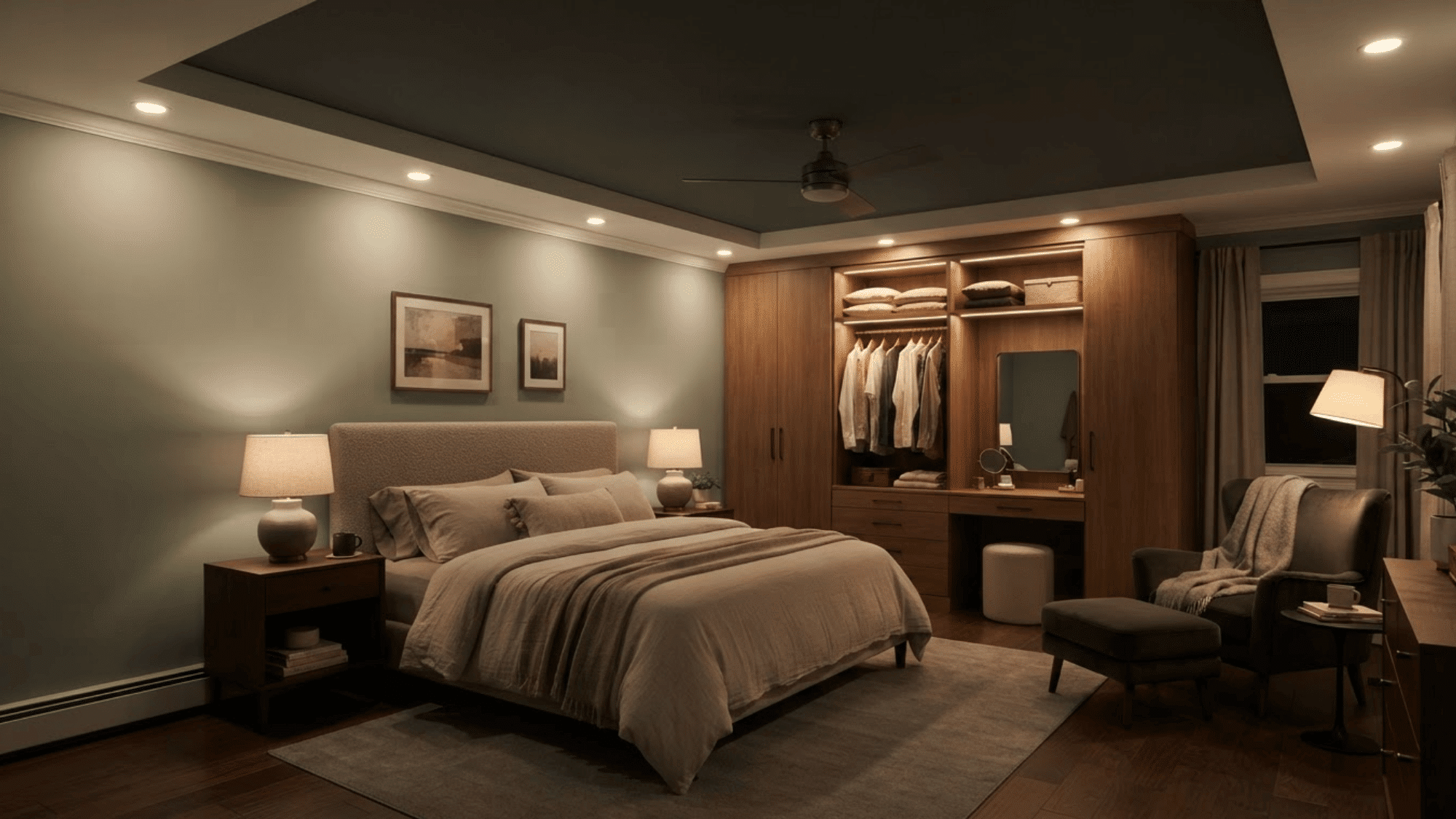 Bedroom <echighlighted>recessed lighting layout</echighlighted> with soft perimeter lights and layered lighting” width=”1920″ height=”1080″></p><p>Place most <a href=