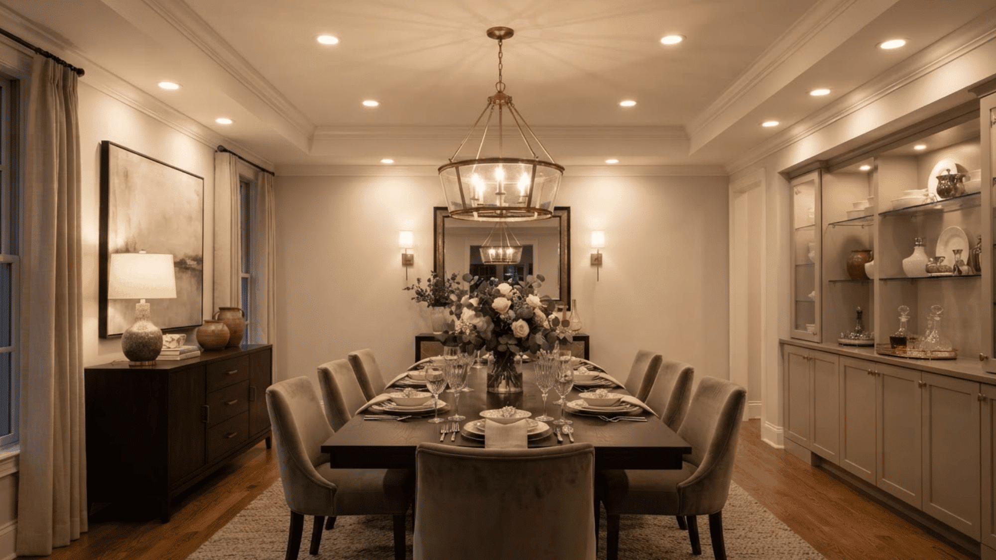 Dining room <echighlighted>recessed lighting layout</echighlighted> with table, chandelier, and perimeter lights” width=”1920″ height=”1080″></p><p>Start with the dining table and main hanging fixture. Place recessed lights around the table, artwork, cabinets, or serving areas without competing with the chandelier or pendant.</p><p>Keep the layout balanced with the furniture below. Separate dimmers let you control light levels for meals and other activities.</p><h3 id=