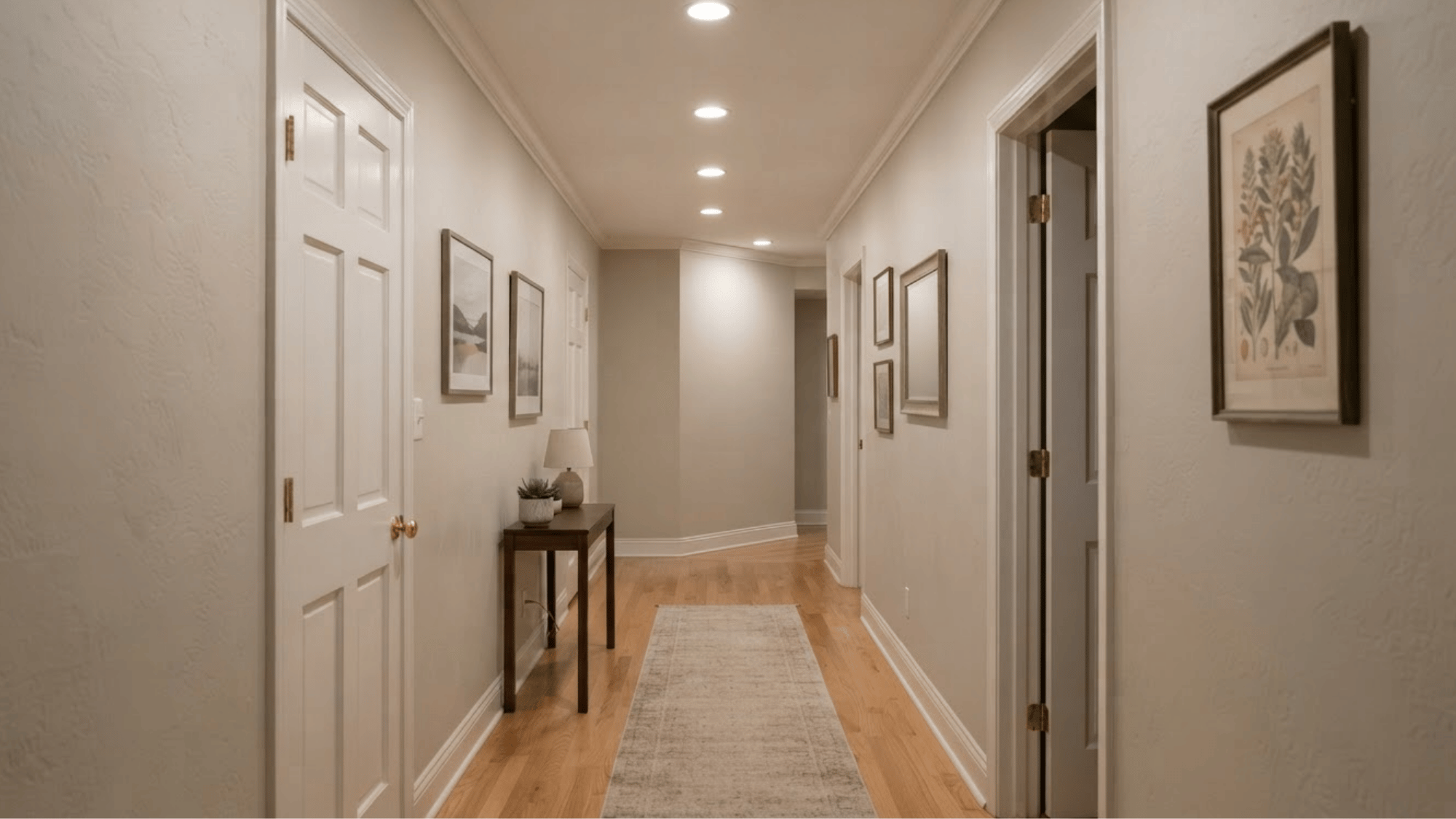 Hallway <echighlighted>recessed lighting layout</echighlighted> with centered ceiling lights and even spacing” width=”1920″ height=”1080″></p><p>A single row often works well in a narrow hallway. Keep fixtures centered along the walking path while checking door positions, artwork, and wall openings.</p><p>Long or L-shaped halls may need extra lighting near turns and at the ends. Avoid leaving dark corners that make the space feel smaller.</p><h2 id=
