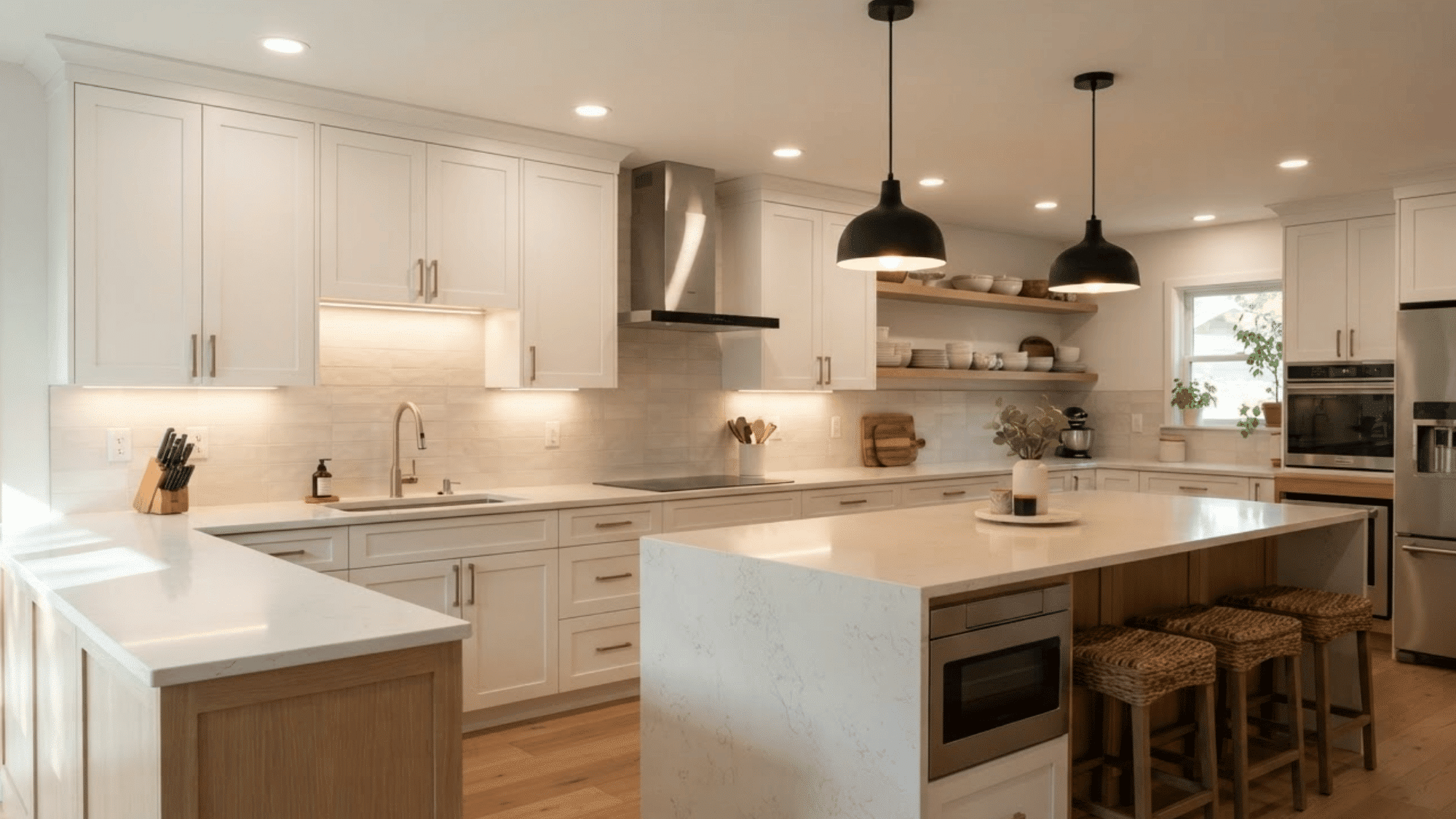 Kitchen <echighlighted>recessed lighting layout</echighlighted> with lights over counters, sink, and island” width=”1920″ height=”1080″></p><p>Place lights near counters, sinks, and cooking areas so your body does not block the beam. Account for cabinet depth and island size.</p><p>Coordinate recessed lights with pendants to prevent overlap. Keep walkways free from hard shadows, and place task lights on separate switches for better control.</p><h3 id=