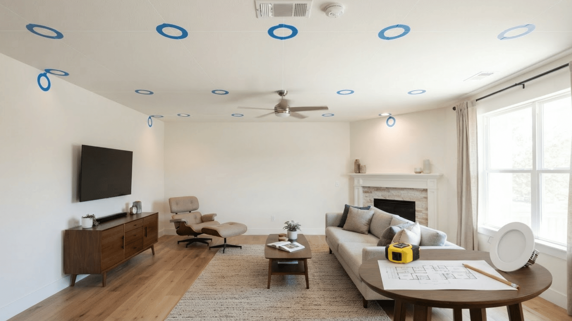 Step-by-step <echighlighted>recessed lighting layout</echighlighted> planning shown in a modern living room ceiling” width=”1920″ height=”1080″></p><p>Plan each recessed light around the room, its use, and the ceiling structure. Follow these steps with care before marking or cutting any ceiling openings.</p><h3 id=