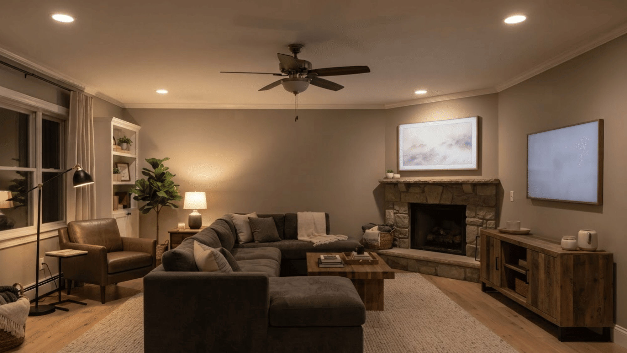 Living room <echighlighted>recessed lighting layout</echighlighted> with perimeter lights, fireplace, and TV area” width=”1920″ height=”1080″></p><p>Use recessed lights around the edges of the room instead of placing every fixture over seating. Keep beams away from the television to reduce glare.</p><p>Add focused lights near artwork, fireplaces, and reading areas. Use ceiling fans, table lamps, and floor lamps to shape the plan and control zones.</p><h3 id=