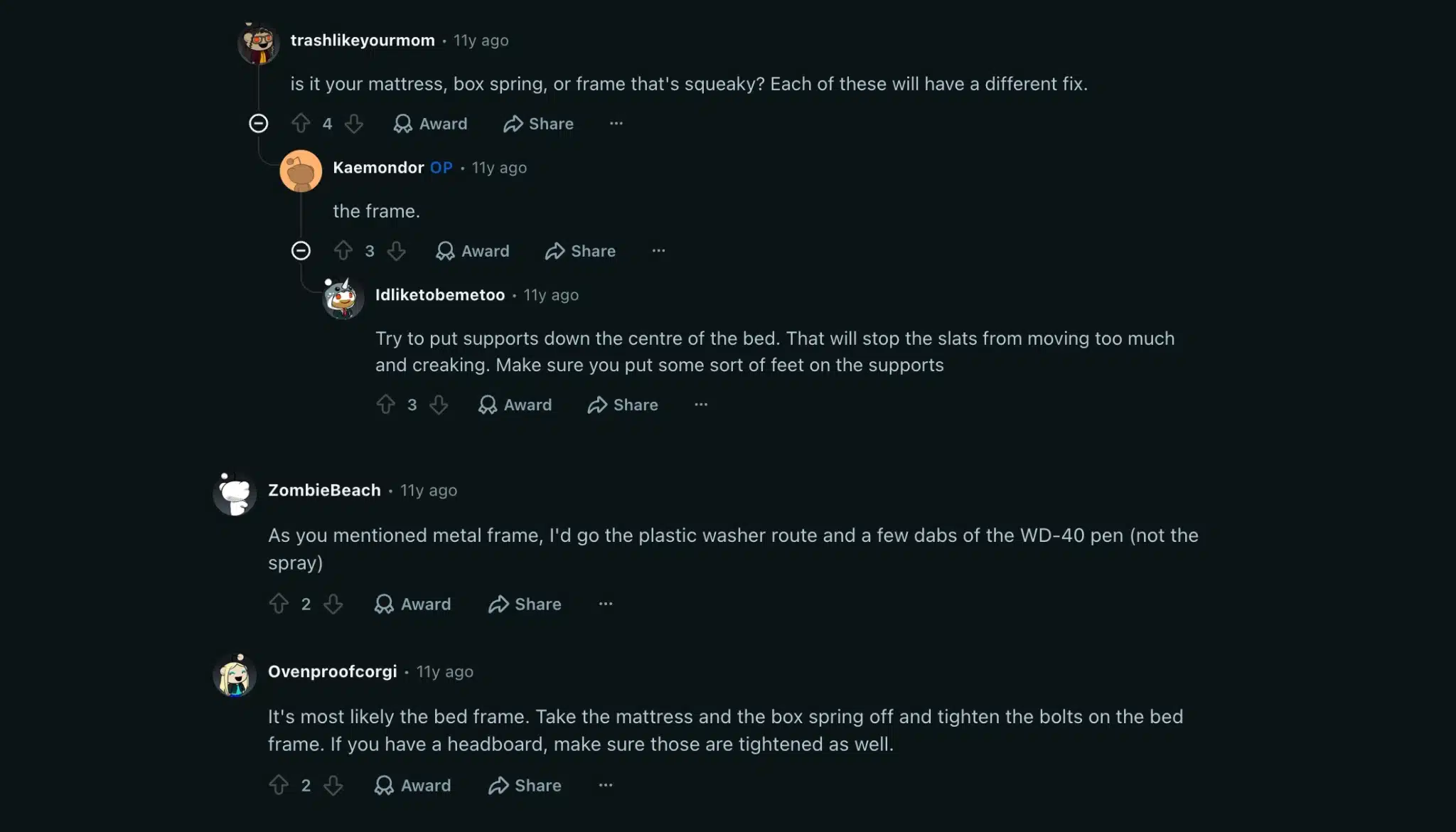 reddit community-driven advice and shared experiences on resolving bed squeakiness