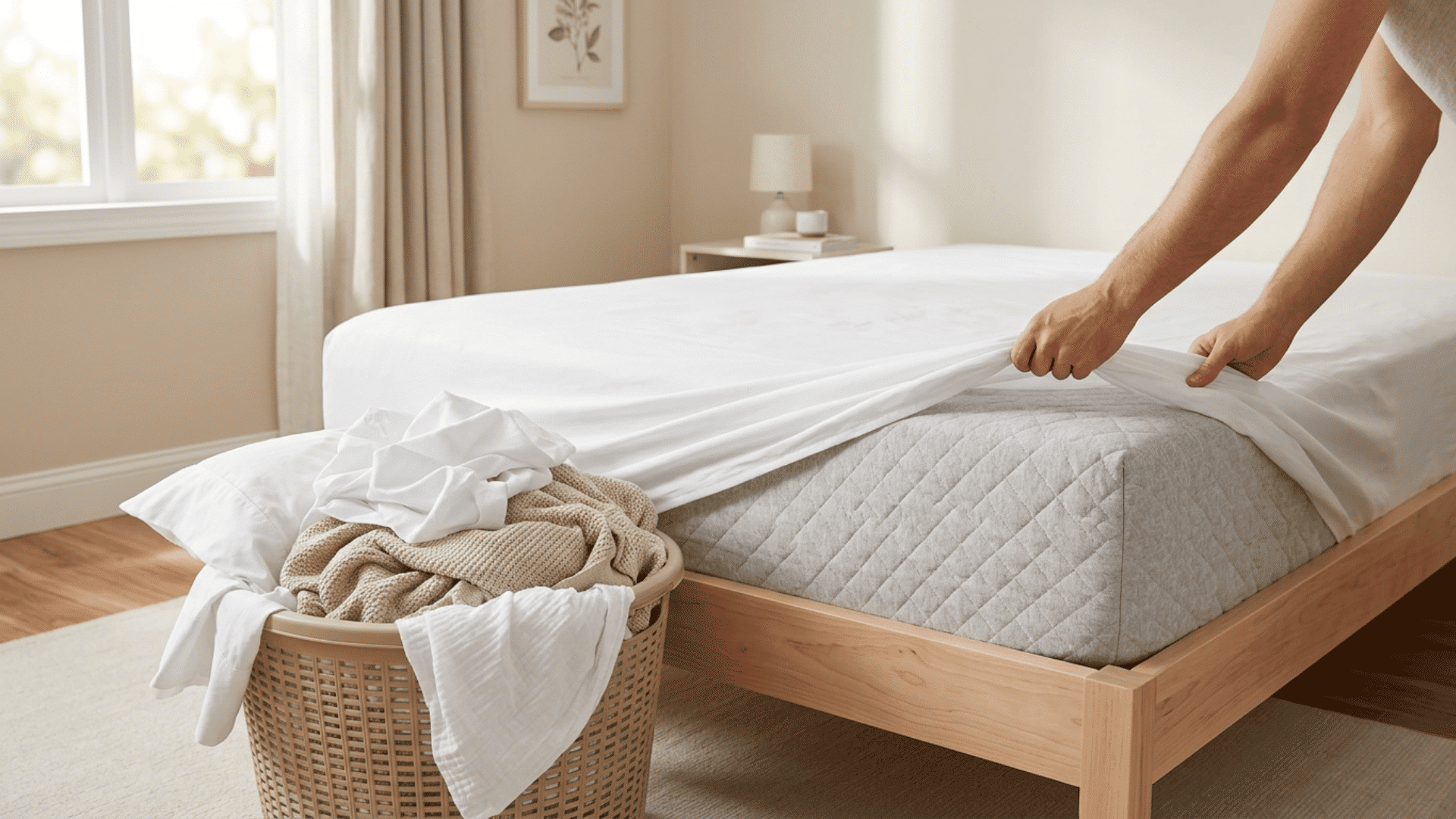 Person removing white bedding from a mattress beside a laundry basket.
