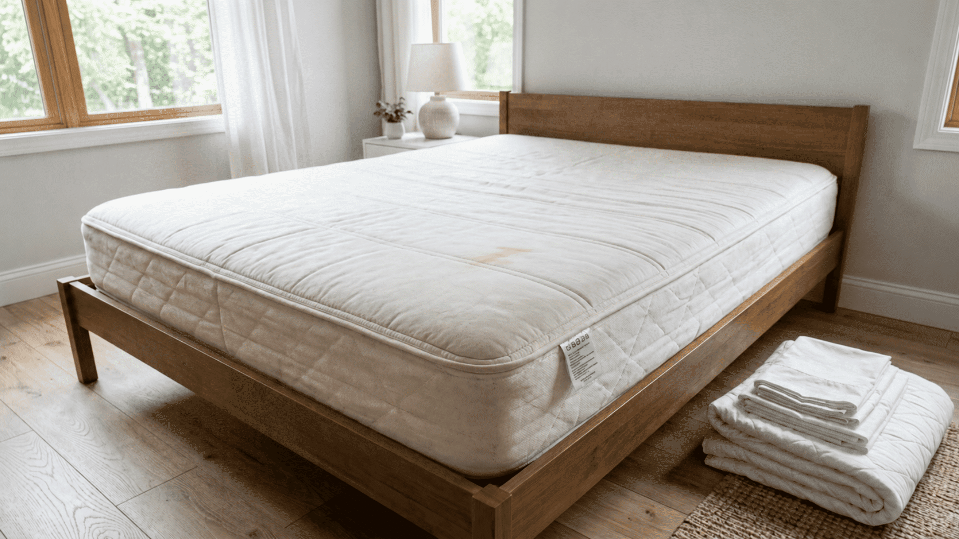 Bare mattress with bedding removed and care label visible