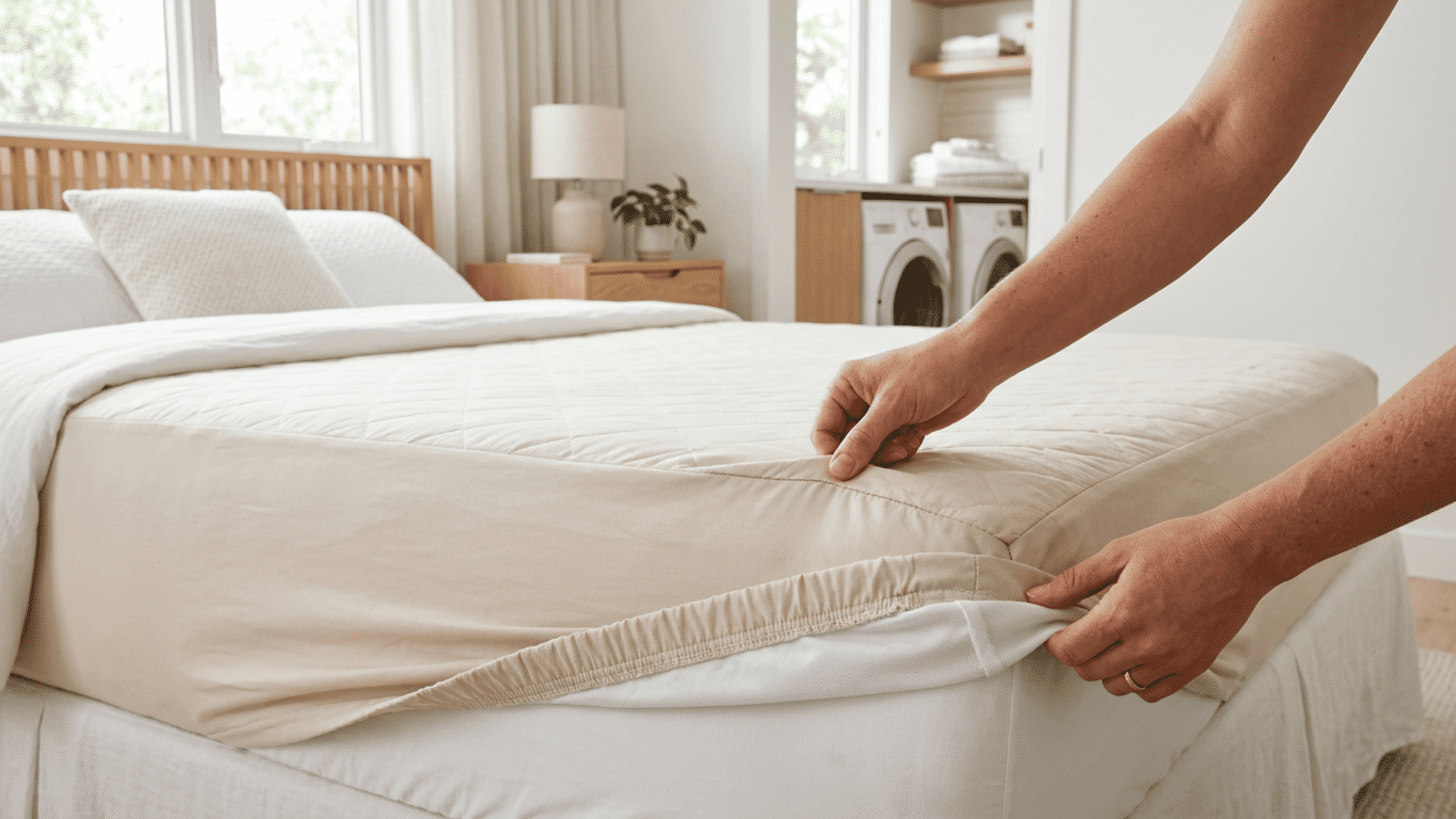 Hands removing a mattress protector to inspect its seams for damage.