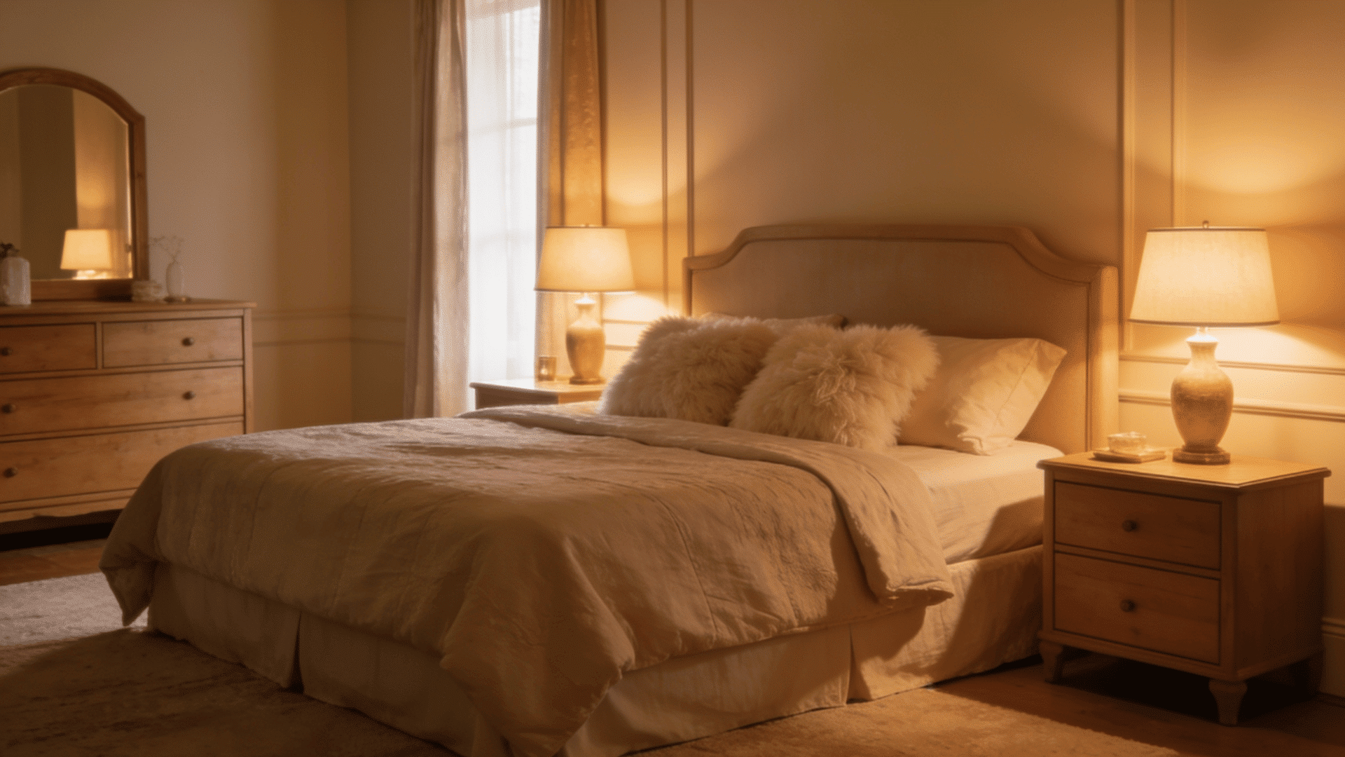 Clutter free bedroom hides all visible electronics