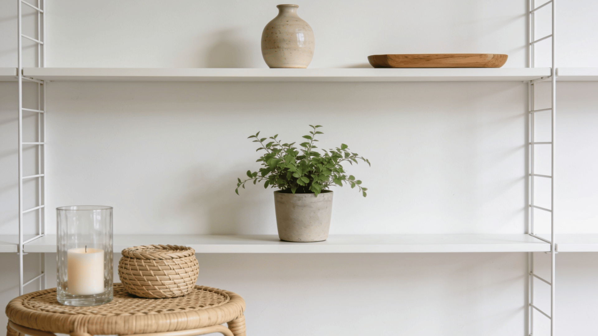 Small potted plant replacing decor on a shelf