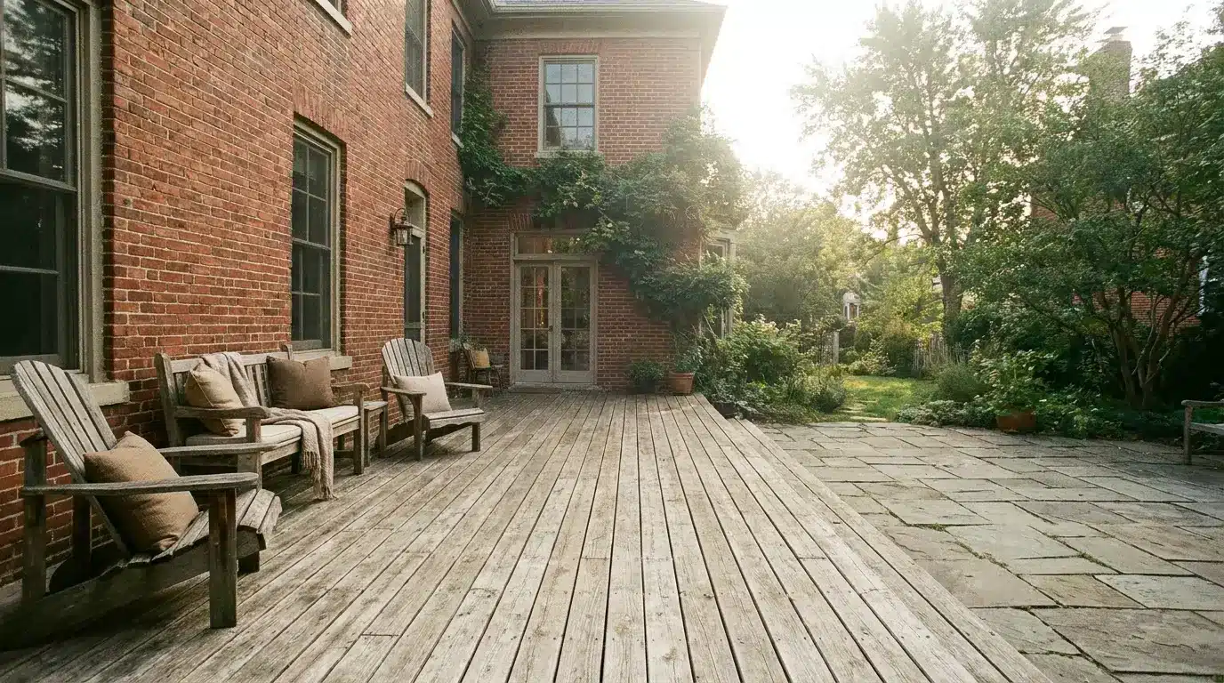 Wooden deck with cushioned chairs and brick facade leading to lush garden in afternoon light