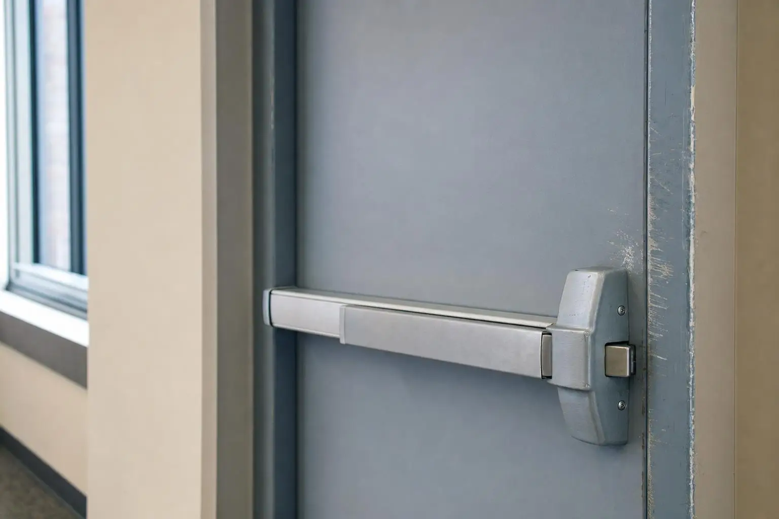 Close-up of a metal push bar on a blue exit door in a hallway