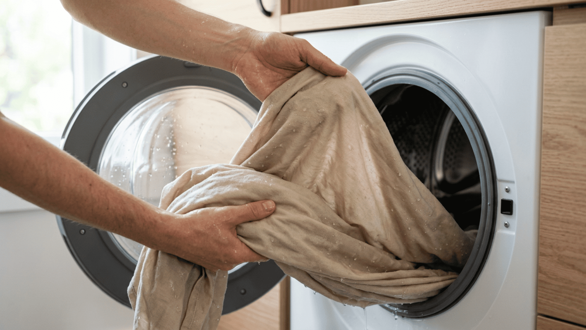 Hands removing a rinsed, wet mattress protector from a washing machine.