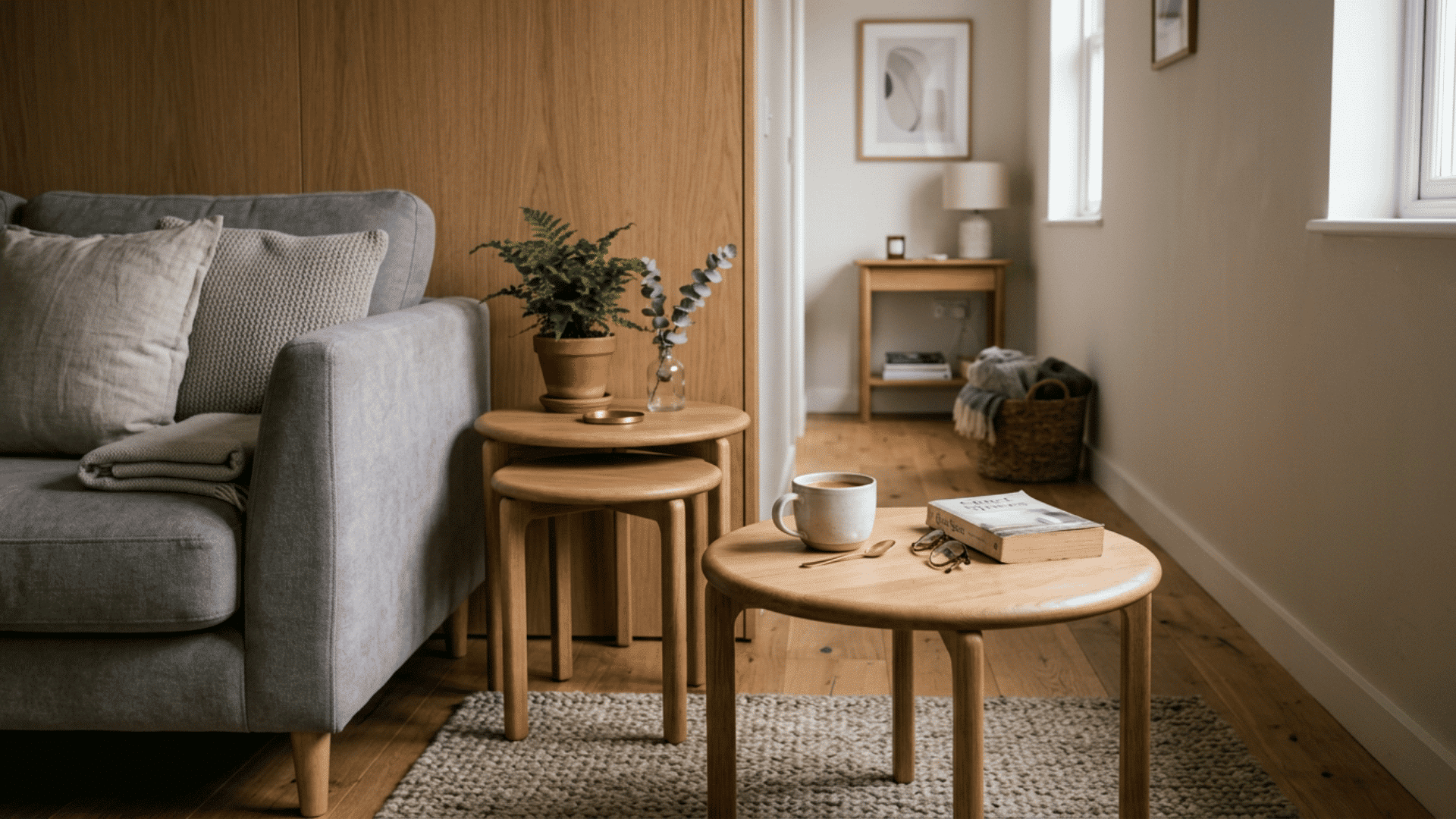 Round coffee table chosen for a tight living room path