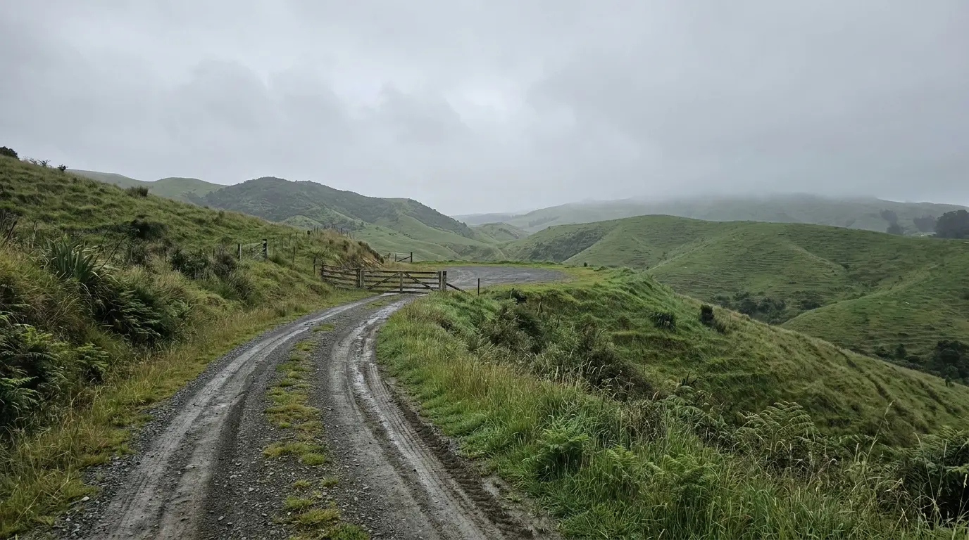 Dirt road leading to wooden gate amidst rolling green hills under cloudy sky
