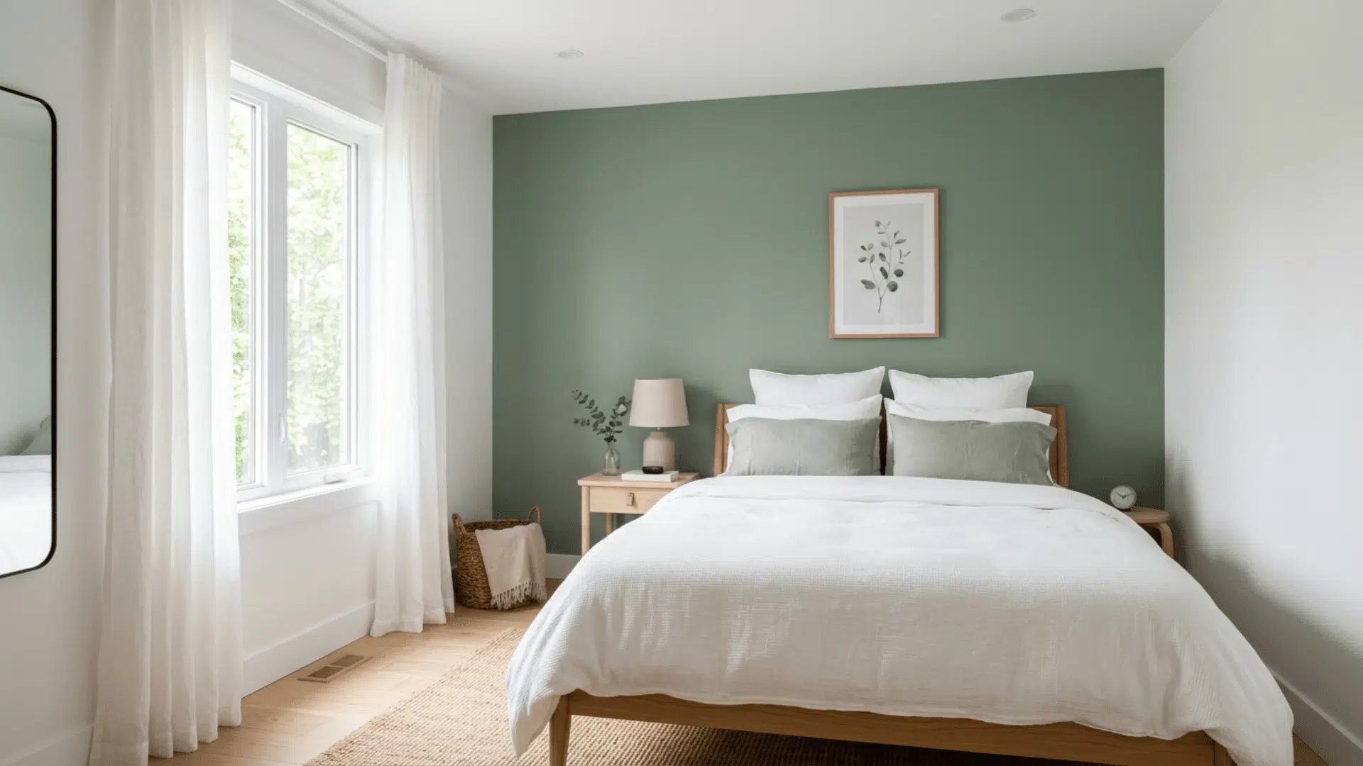 Small bedroom with a sage green accent wall, white bedding, and warm light wood furniture.