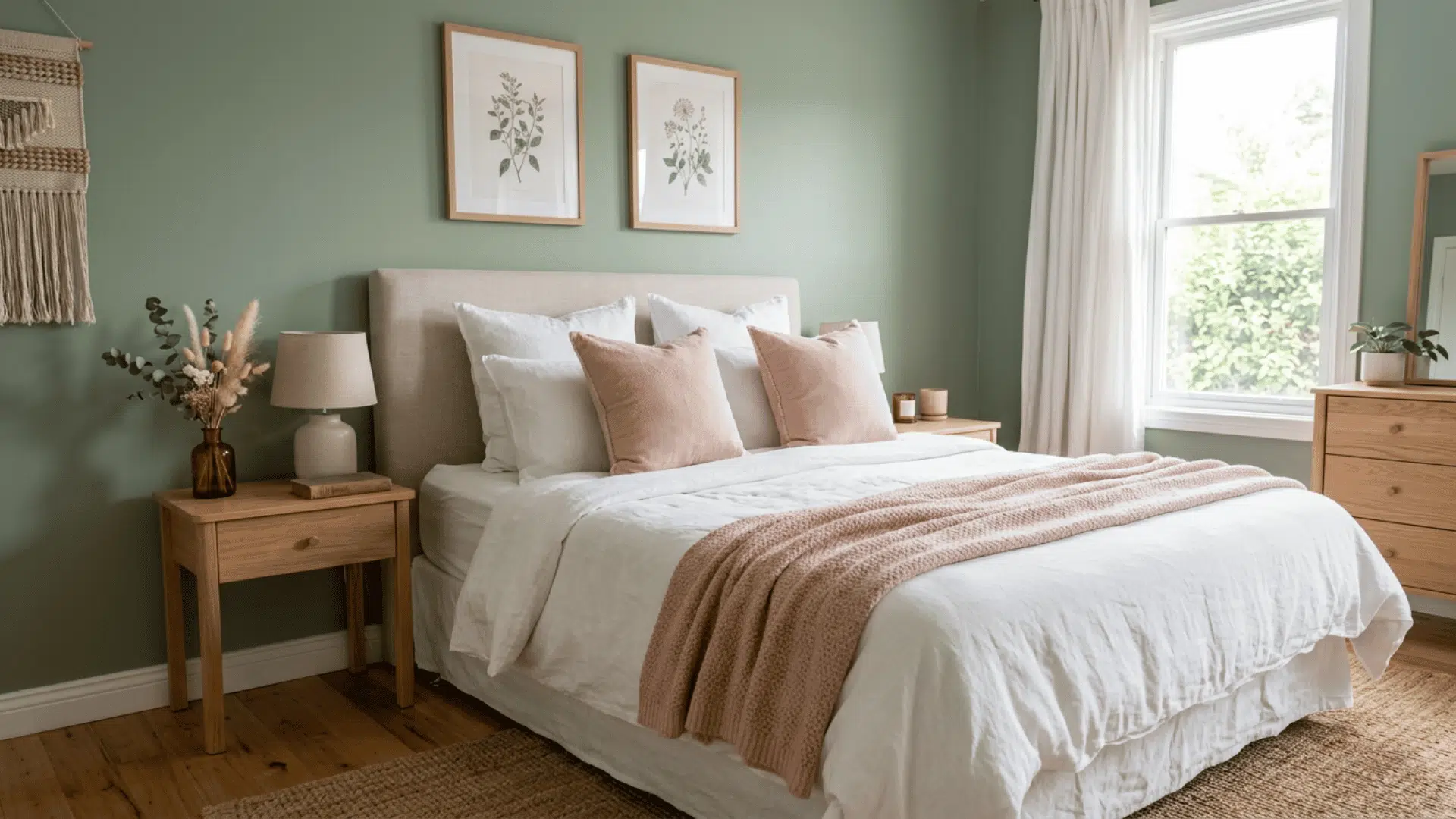 Sage green bedroom with blush pink pillows, a pink throw, and warm natural wood furniture.