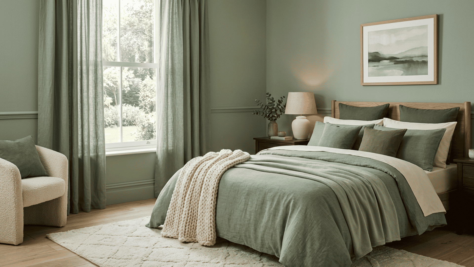 Sage green and cream bedroom with matching curtains, layered bedding, and gentle daylight.