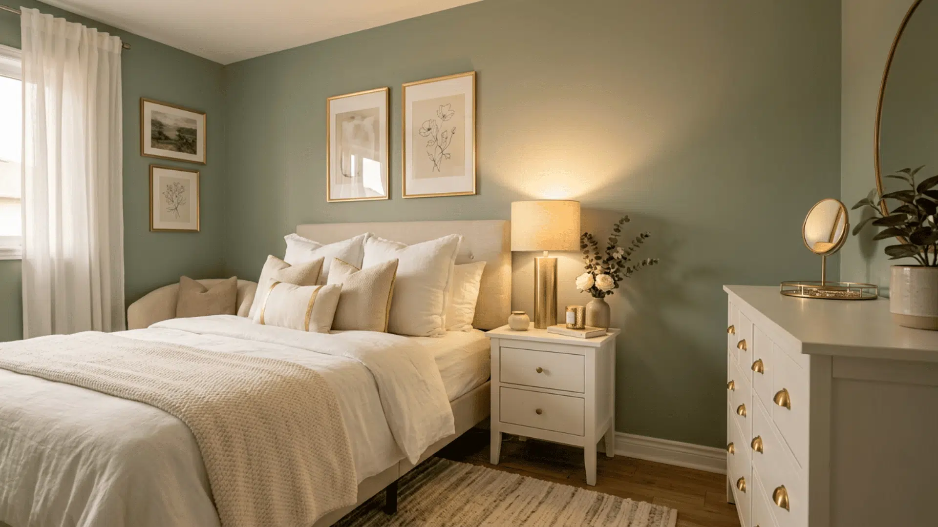 Sage green bedroom with gold lamps, framed art, brass hardware, and a large white dresser.
